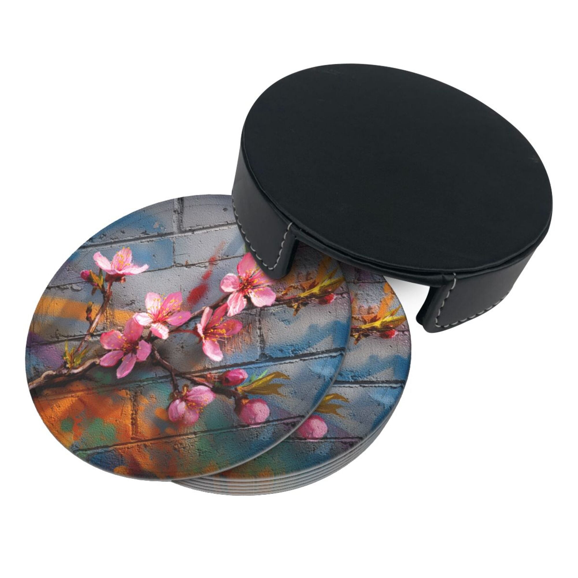 Round Leather Coaster Set of 6 with Peach Blossom Graffiti Brick Wall Design - Includes Storage Base, Heat - Insulation and Anti - Slip Coasters (Diameter 3.9in/10cm)