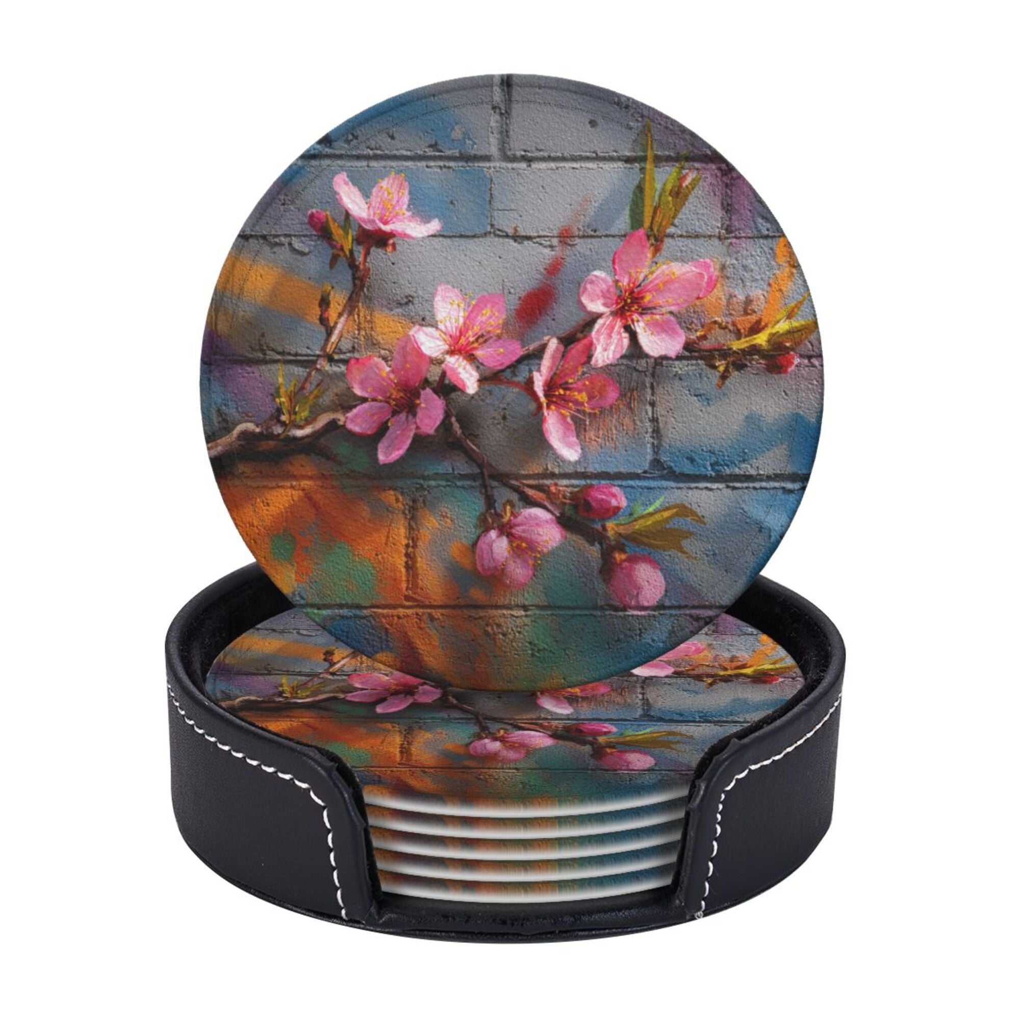 Round Leather Coaster Set of 6 with Peach Blossom Graffiti Brick Wall Design - Includes Storage Base, Heat - Insulation and Anti - Slip Coasters (Diameter 3.9in/10cm)