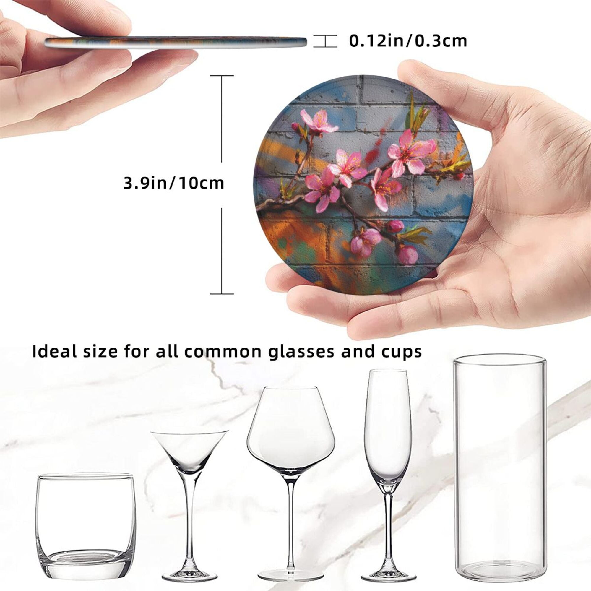 Round Leather Coaster Set of 6 with Peach Blossom Graffiti Brick Wall Design - Includes Storage Base, Heat - Insulation and Anti - Slip Coasters (Diameter 3.9in/10cm)