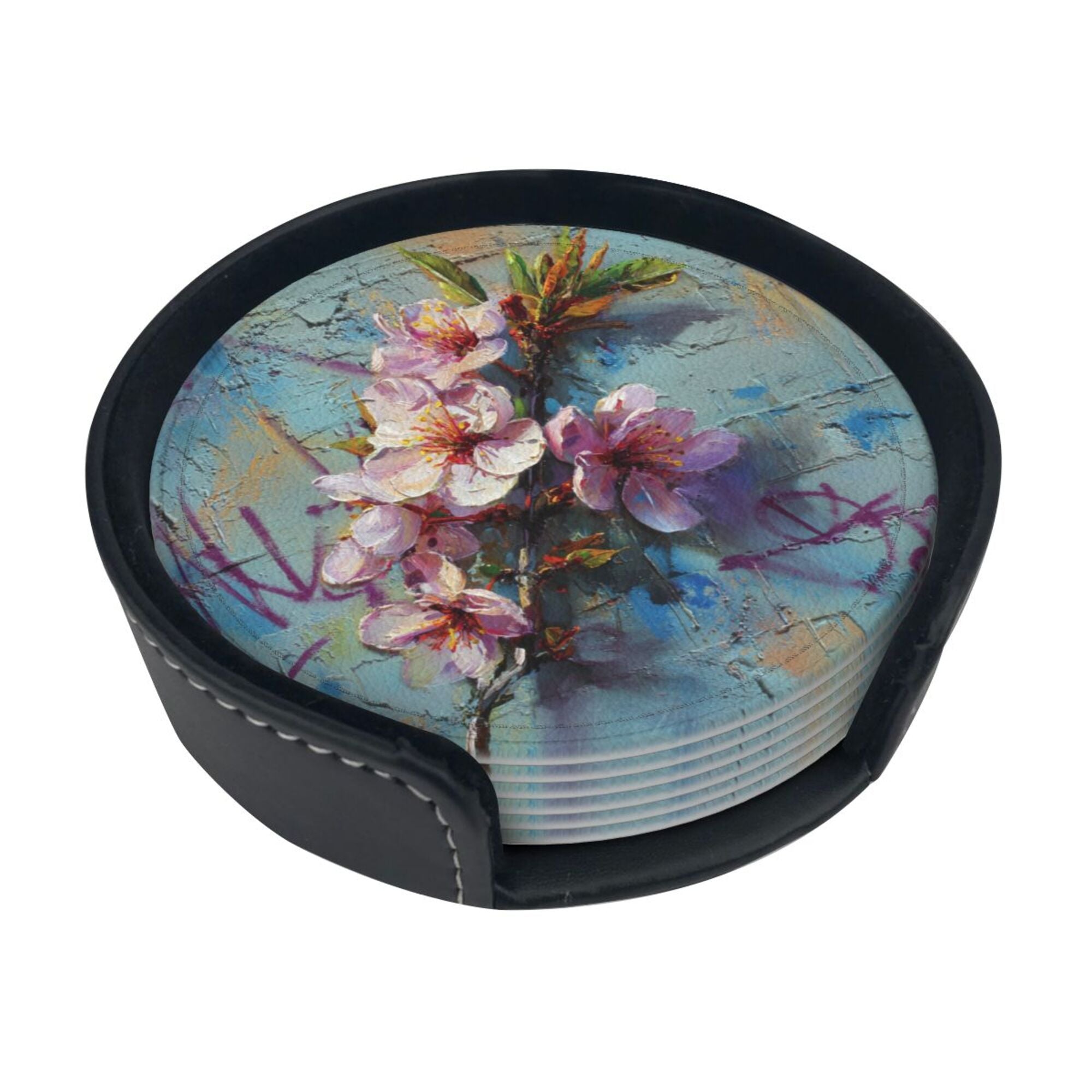 Round Leather Coaster Set of 6 with Artistic Floral Graffiti Design - Includes Storage Base, Heat - Insulation and Anti - Slip Coasters (Diameter 3.9in/10cm)