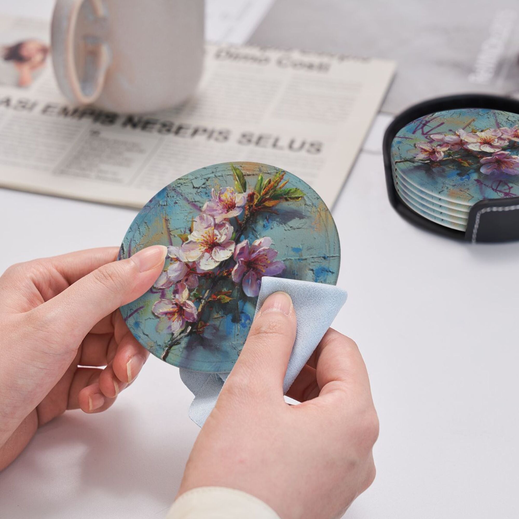 Round Leather Coaster Set of 6 with Artistic Floral Graffiti Design - Includes Storage Base, Heat - Insulation and Anti - Slip Coasters (Diameter 3.9in/10cm)
