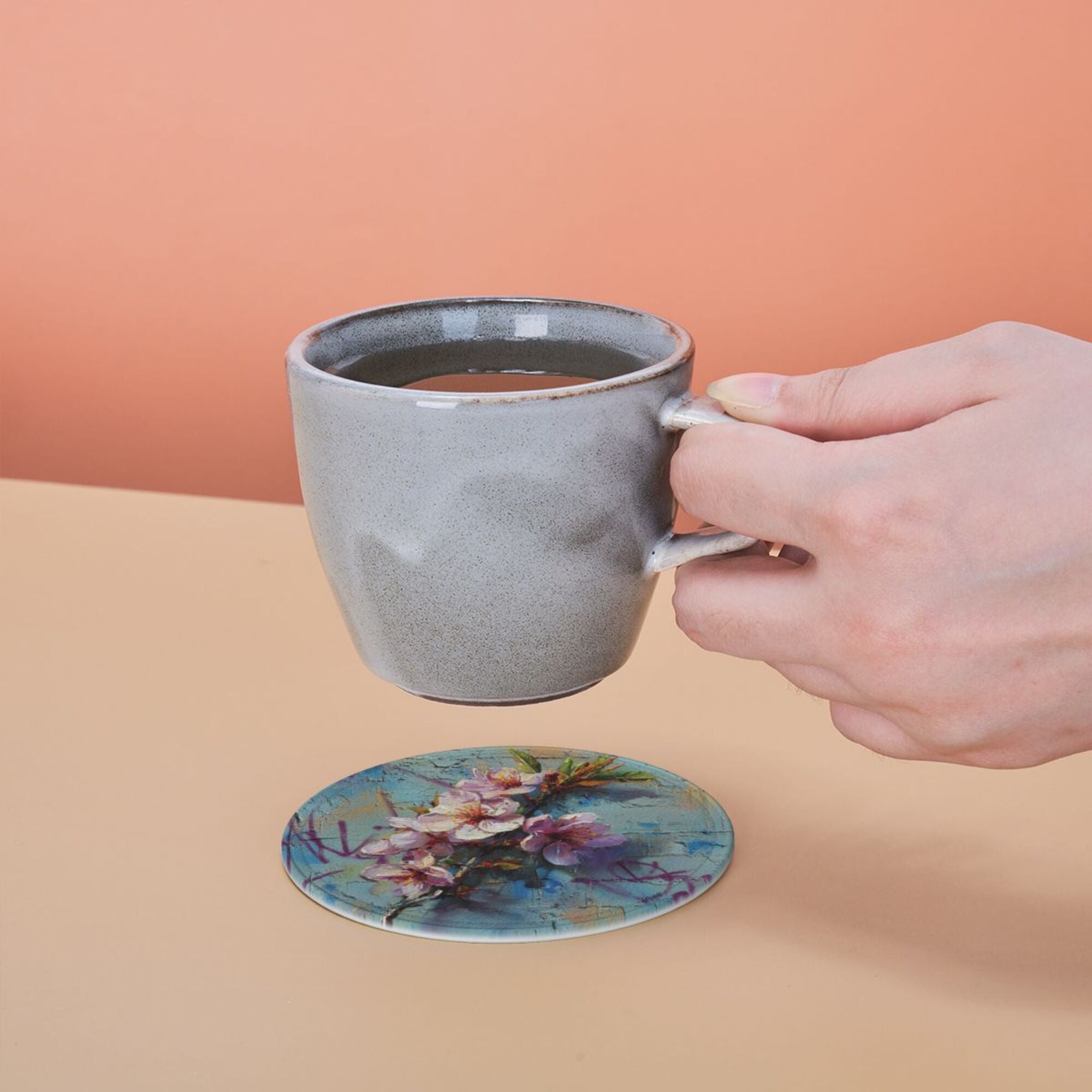 Round Leather Coaster Set of 6 with Artistic Floral Graffiti Design - Includes Storage Base, Heat - Insulation and Anti - Slip Coasters (Diameter 3.9in/10cm)