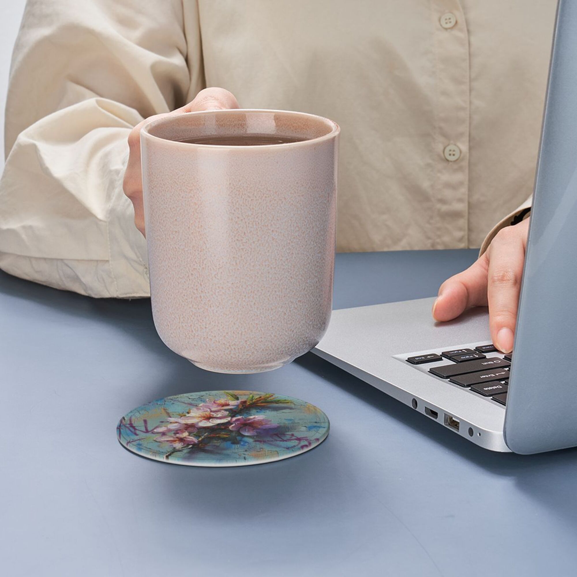 Round Leather Coaster Set of 6 with Artistic Floral Graffiti Design - Includes Storage Base, Heat - Insulation and Anti - Slip Coasters (Diameter 3.9in/10cm)