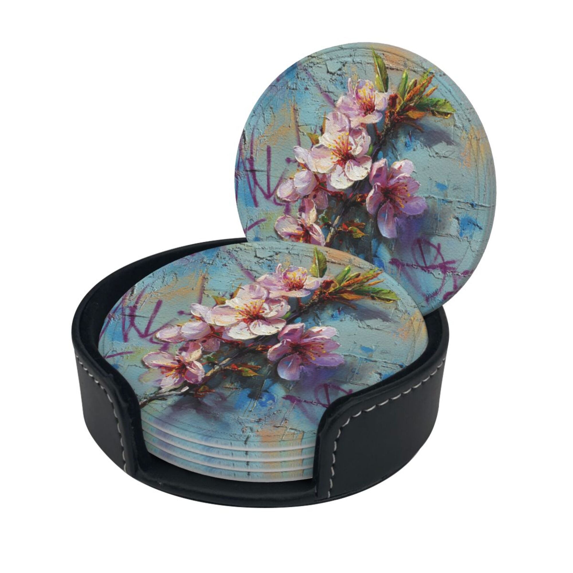 Round Leather Coaster Set of 6 with Artistic Floral Graffiti Design - Includes Storage Base, Heat - Insulation and Anti - Slip Coasters (Diameter 3.9in/10cm)