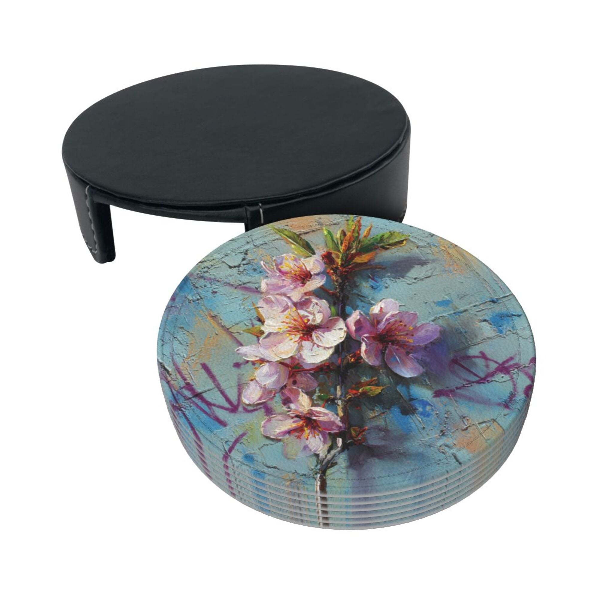 Round Leather Coaster Set of 6 with Artistic Floral Graffiti Design - Includes Storage Base, Heat - Insulation and Anti - Slip Coasters (Diameter 3.9in/10cm)