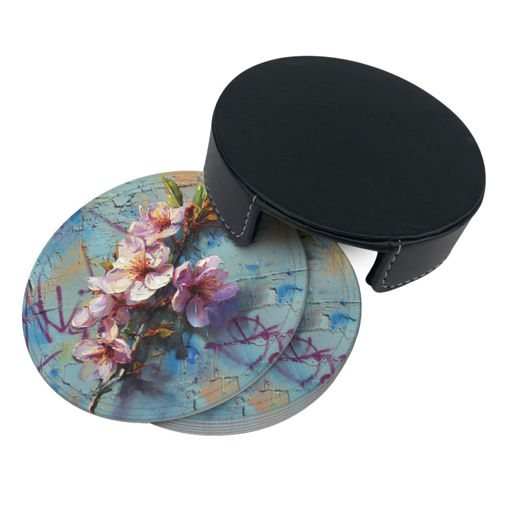 Round Leather Coaster Set of 6 with Artistic Floral Graffiti Design - Includes Storage Base, Heat - Insulation and Anti - Slip Coasters (Diameter 3.9in/10cm)