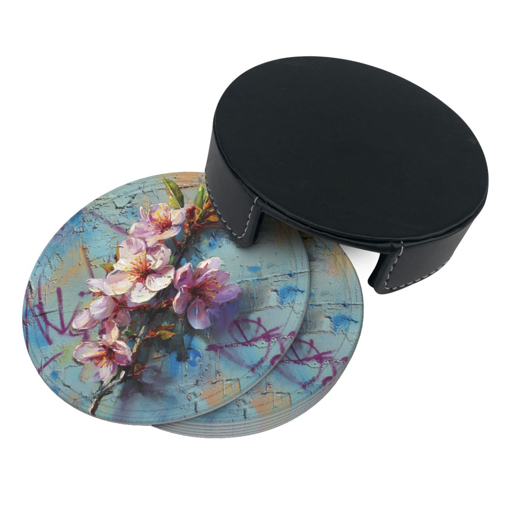 Round Leather Coaster Set of 6 with Artistic Floral Graffiti Design - Includes Storage Base, Heat - Insulation and Anti - Slip Coasters (Diameter 3.9in/10cm)