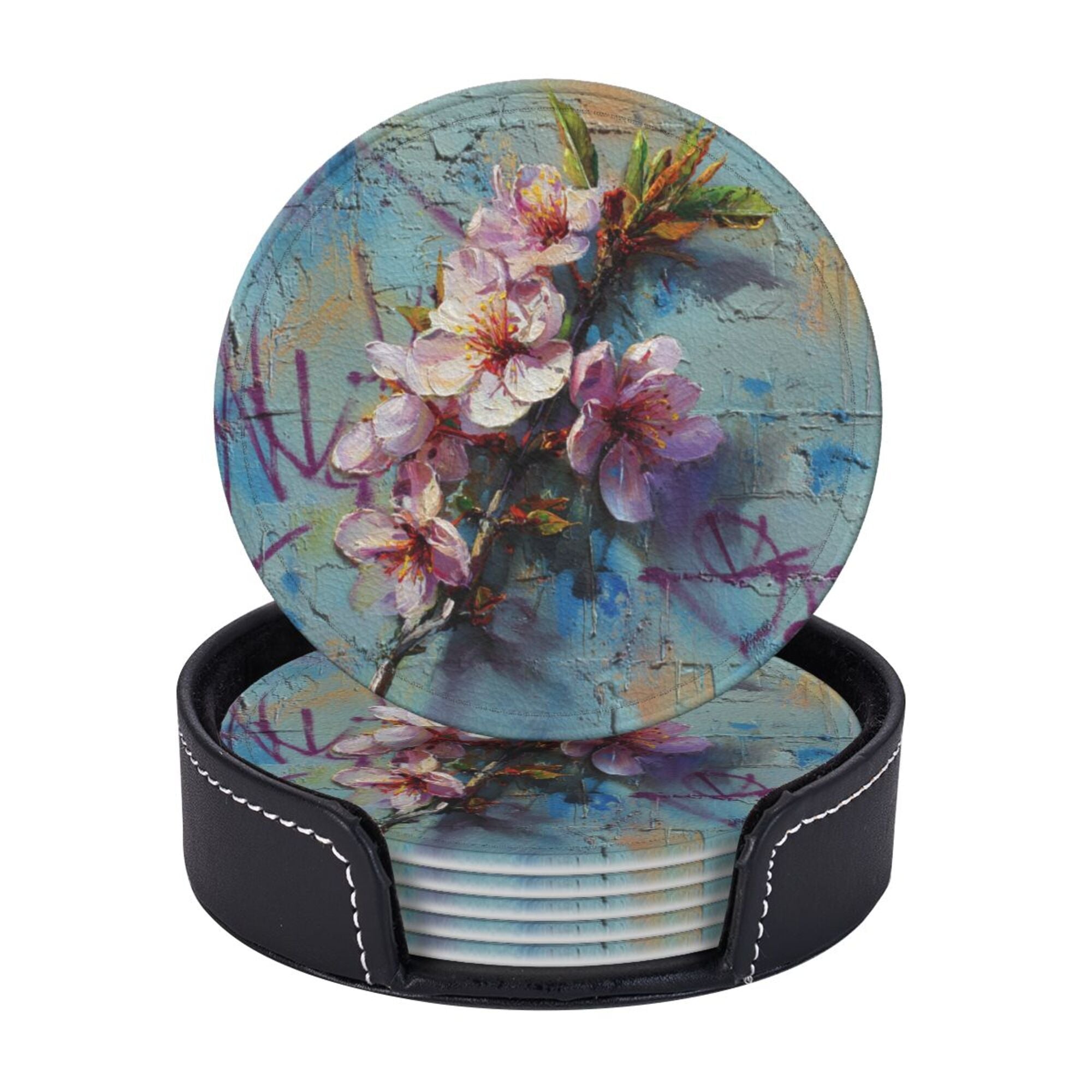 Round Leather Coaster Set of 6 with Artistic Floral Graffiti Design - Includes Storage Base, Heat - Insulation and Anti - Slip Coasters (Diameter 3.9in/10cm)