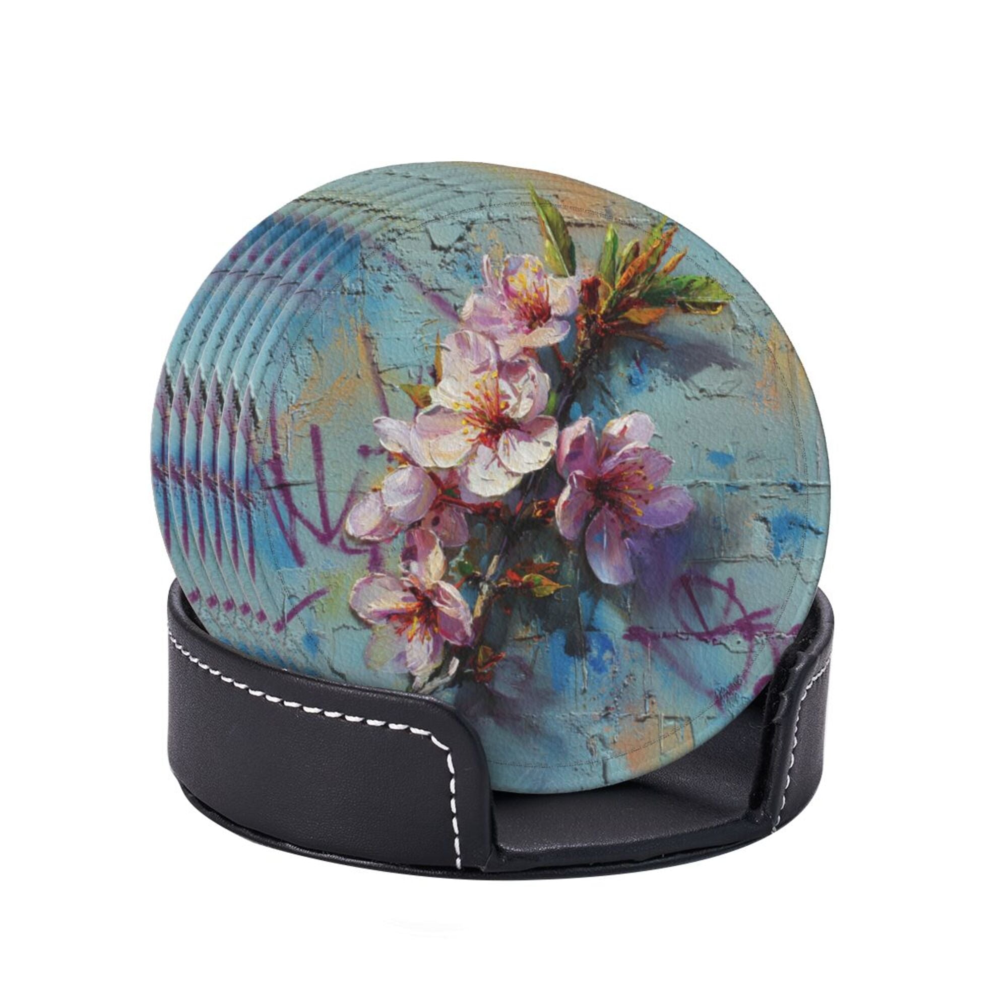 Round Leather Coaster Set of 6 with Artistic Floral Graffiti Design - Includes Storage Base, Heat - Insulation and Anti - Slip Coasters (Diameter 3.9in/10cm)