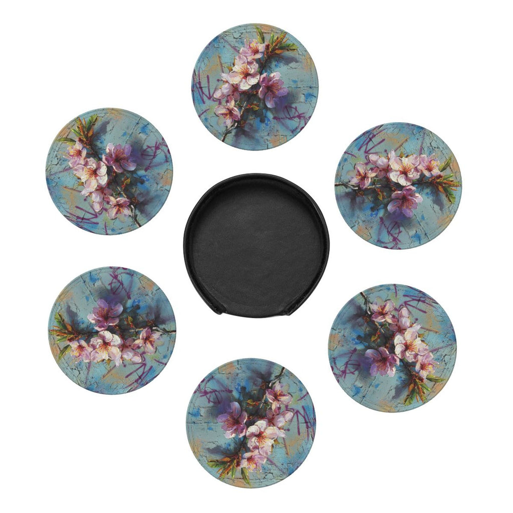 Round Leather Coaster Set of 6 with Artistic Floral Graffiti Design - Includes Storage Base, Heat - Insulation and Anti - Slip Coasters (Diameter 3.9in/10cm)