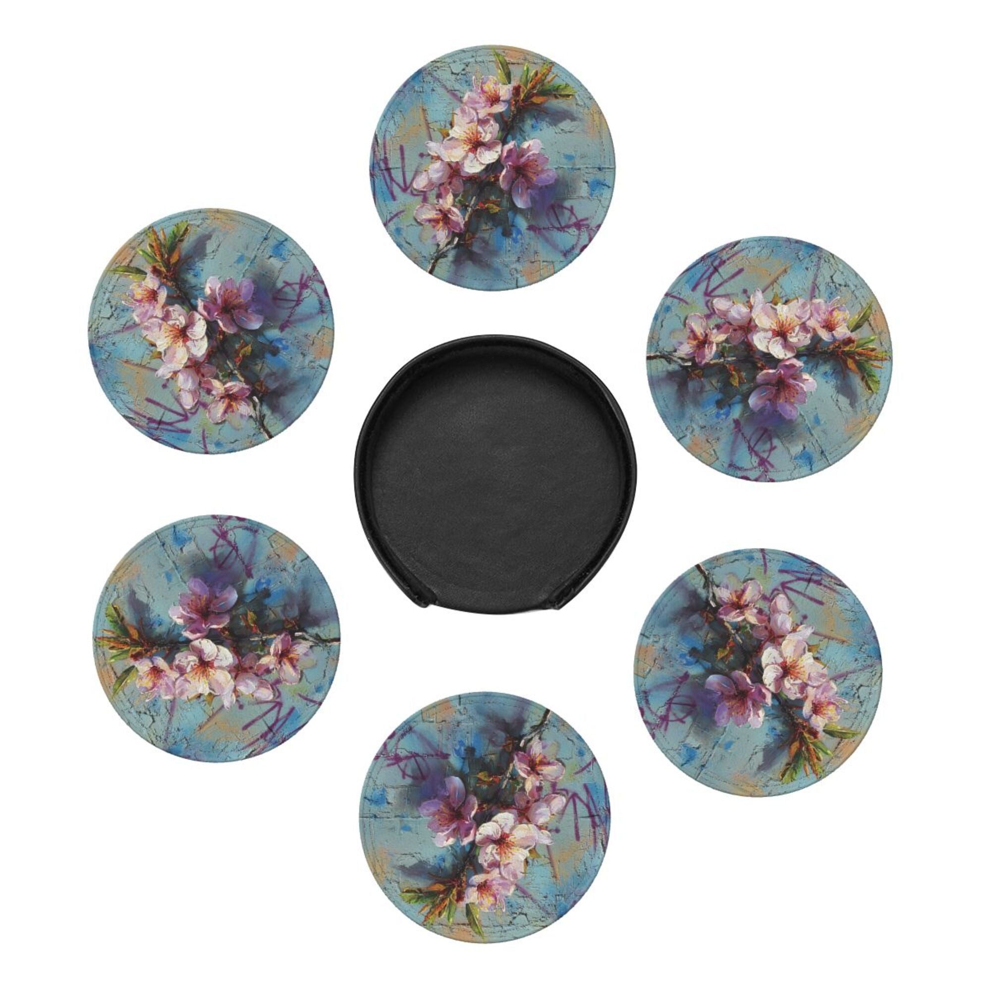 Round Leather Coaster Set of 6 with Artistic Floral Graffiti Design - Includes Storage Base, Heat - Insulation and Anti - Slip Coasters (Diameter 3.9in/10cm)