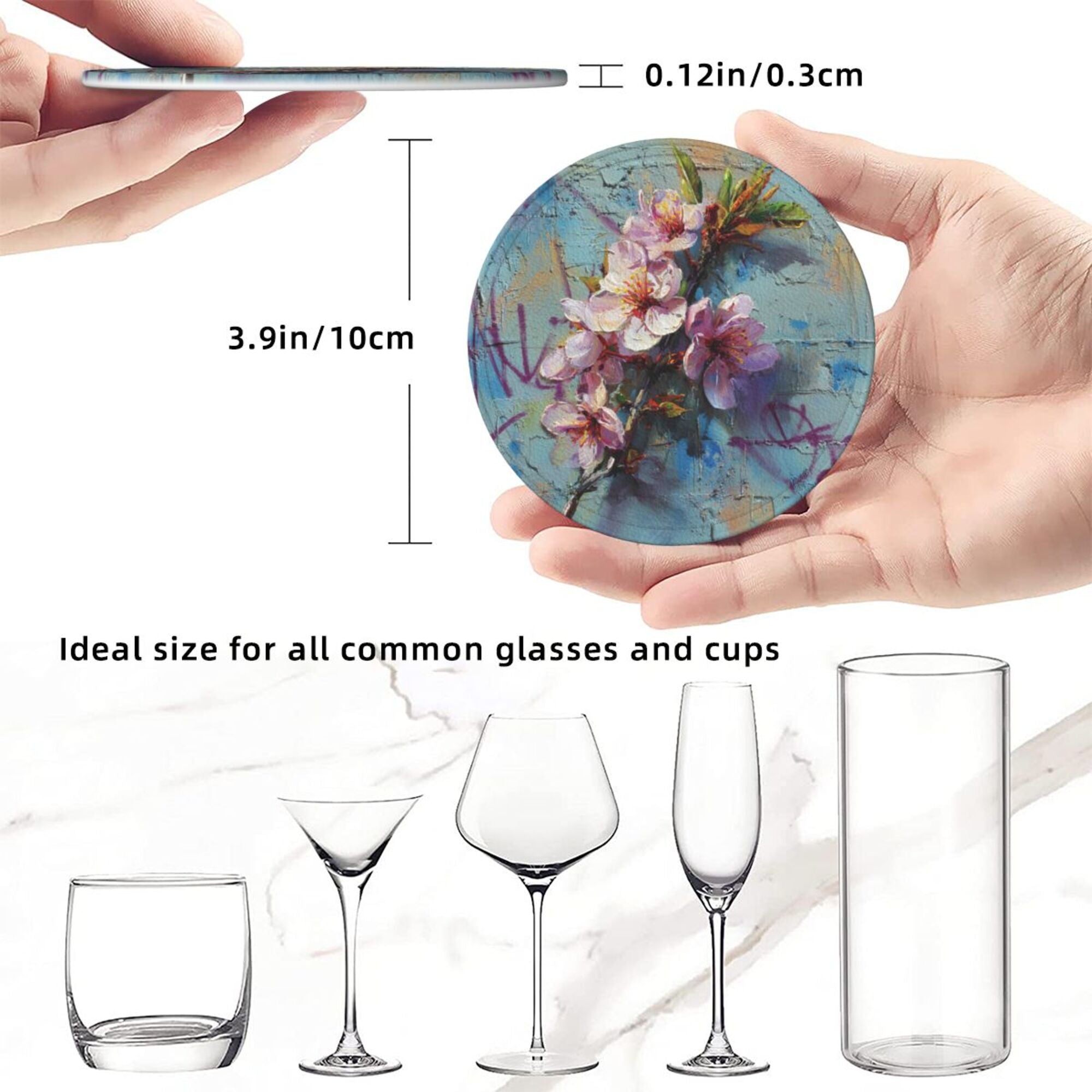 Round Leather Coaster Set of 6 with Artistic Floral Graffiti Design - Includes Storage Base, Heat - Insulation and Anti - Slip Coasters (Diameter 3.9in/10cm)