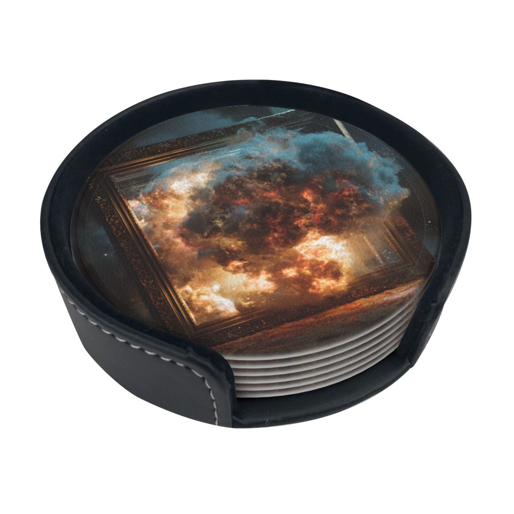 Round Leather Coaster Set of 6 with Artistic Explosion Scene Design - Includes Storage Base, Heat - Insulation and Anti - Slip Coasters (Diameter 3.9in/10cm)