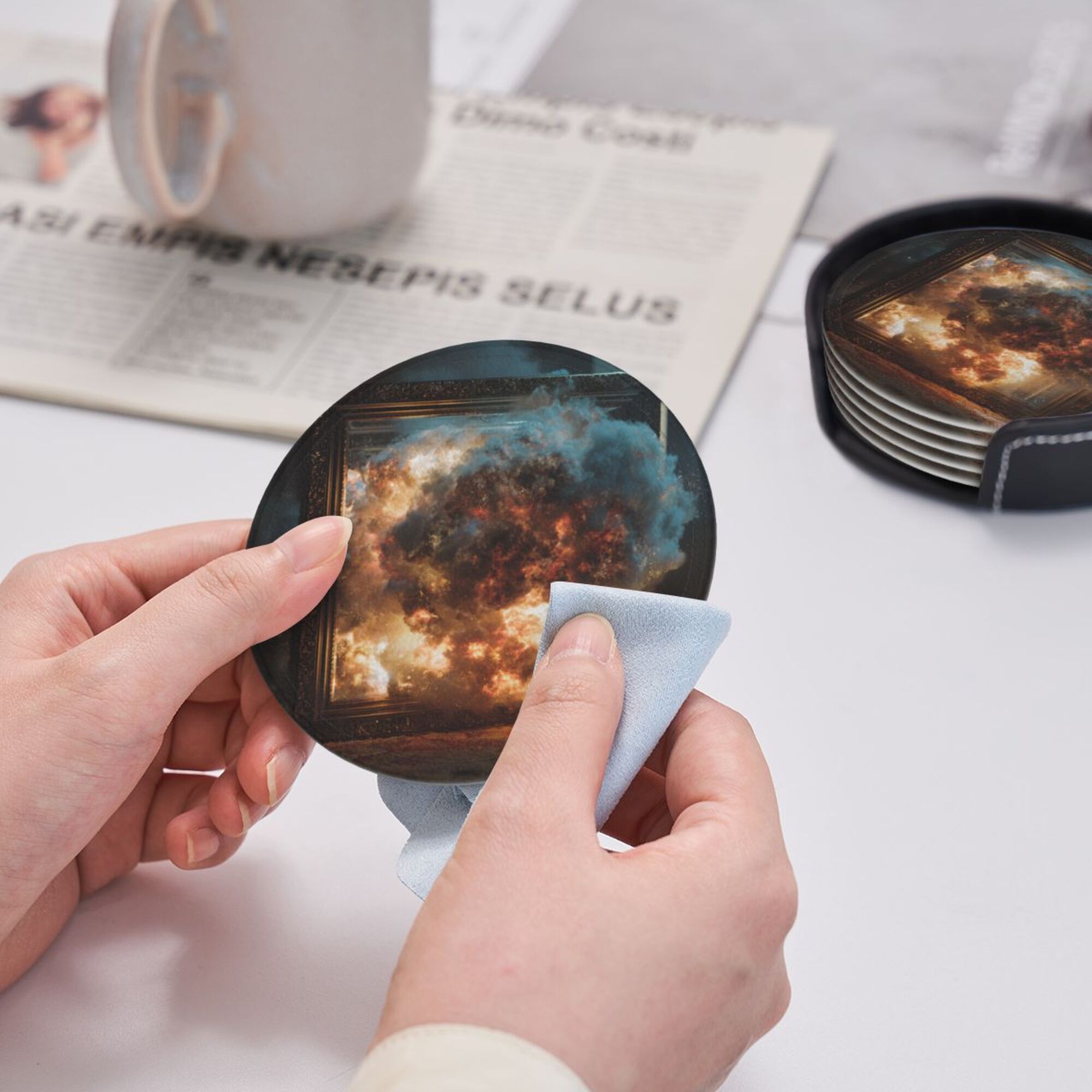 Round Leather Coaster Set of 6 with Artistic Explosion Scene Design - Includes Storage Base, Heat - Insulation and Anti - Slip Coasters (Diameter 3.9in/10cm)