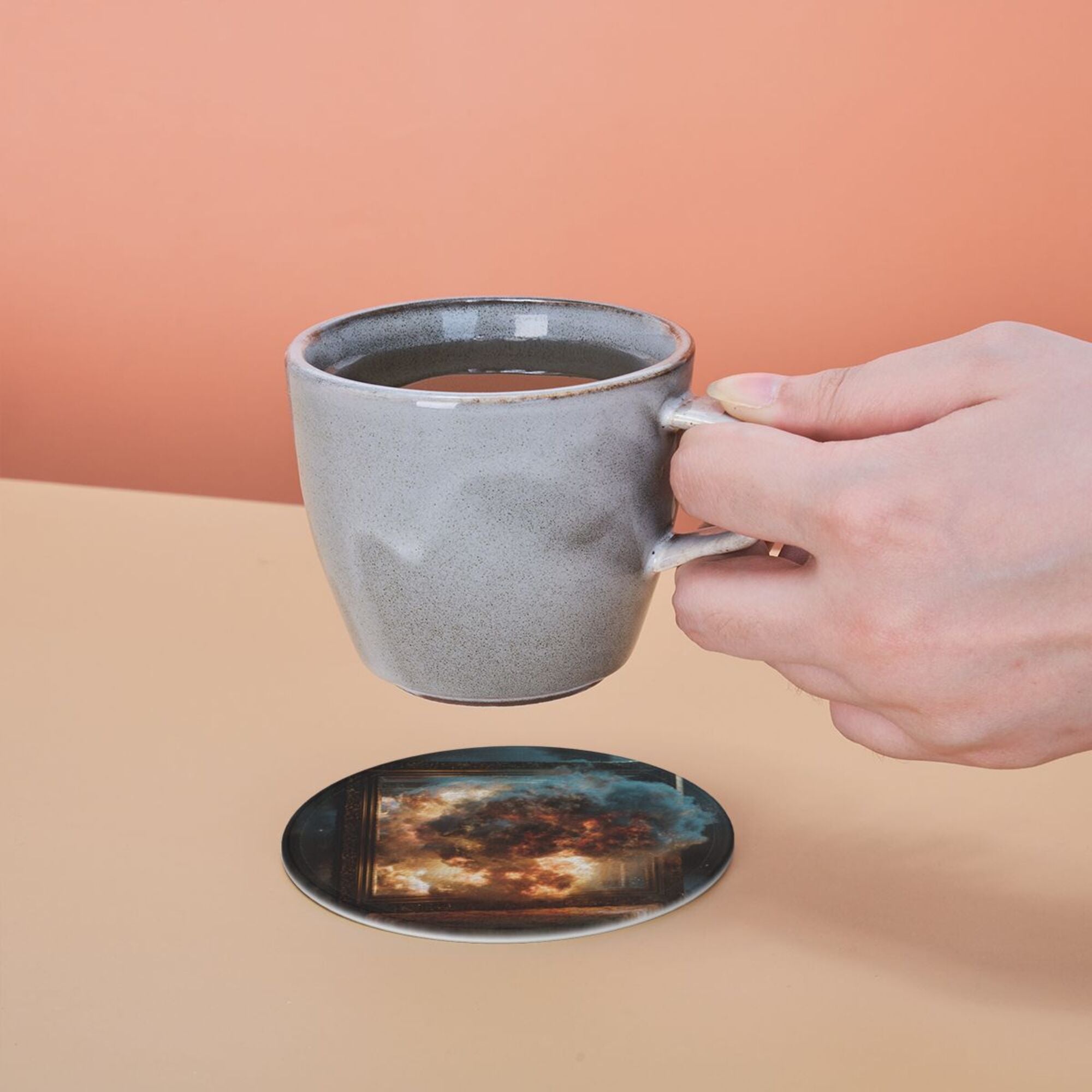 Round Leather Coaster Set of 6 with Artistic Explosion Scene Design - Includes Storage Base, Heat - Insulation and Anti - Slip Coasters (Diameter 3.9in/10cm)