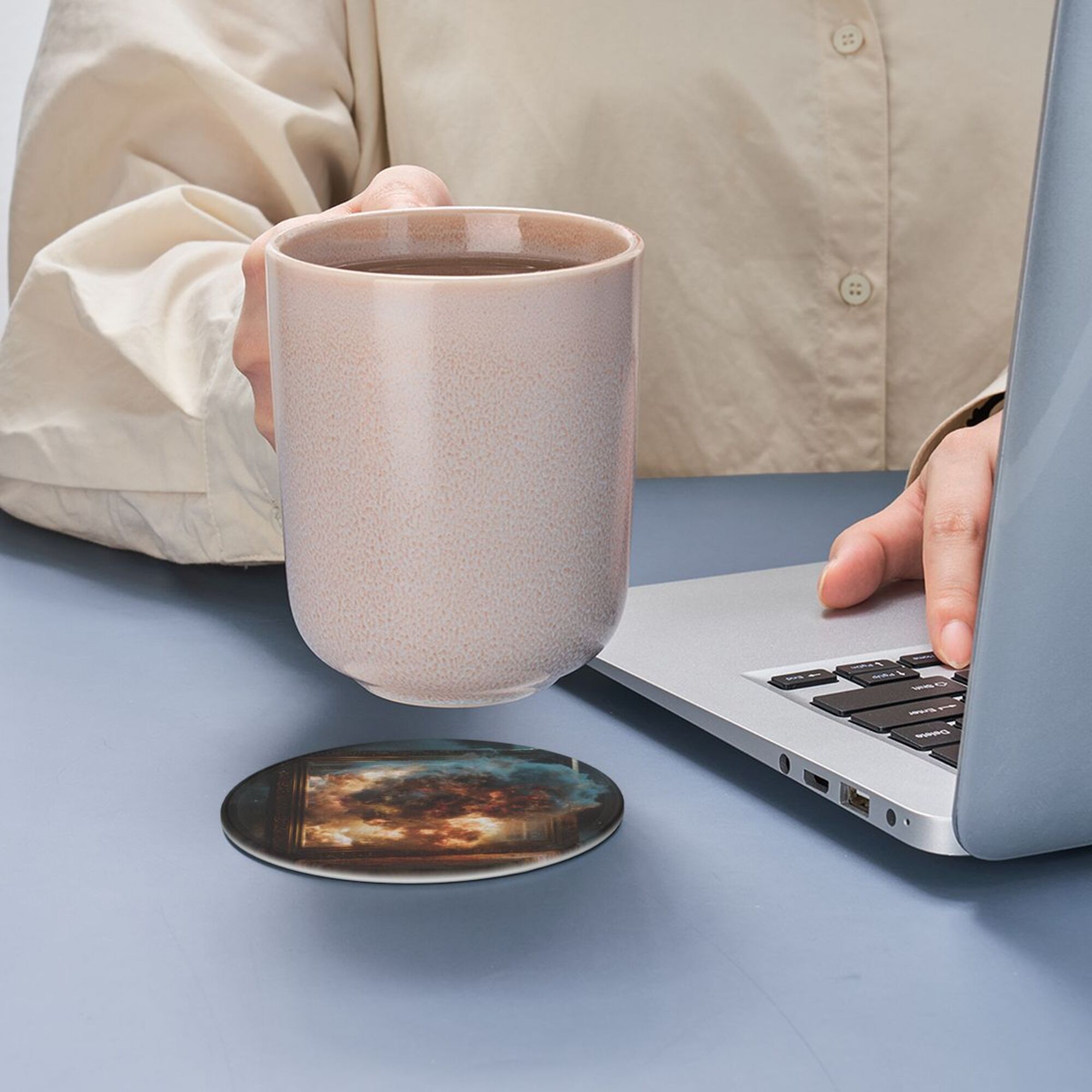 Round Leather Coaster Set of 6 with Artistic Explosion Scene Design - Includes Storage Base, Heat - Insulation and Anti - Slip Coasters (Diameter 3.9in/10cm)