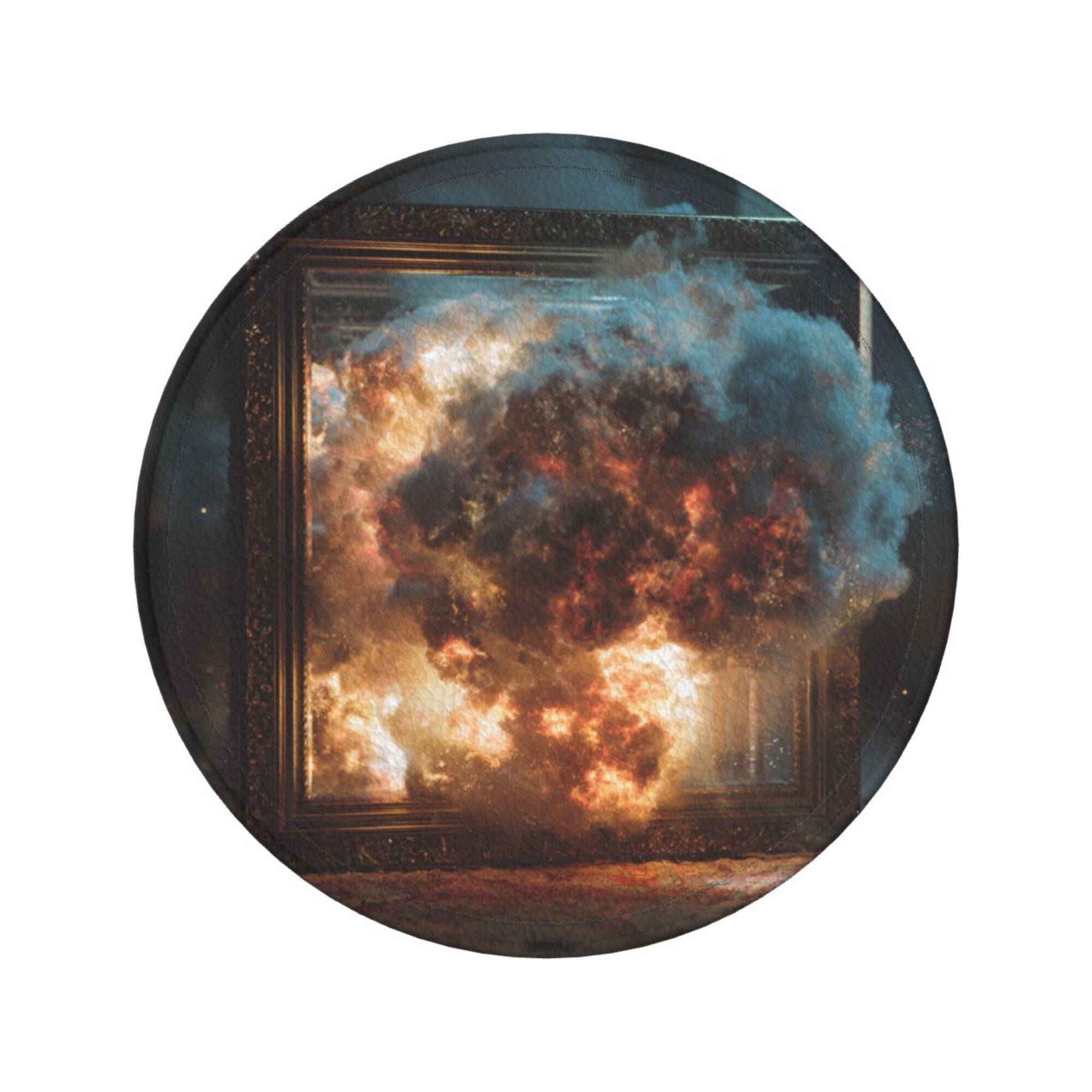 Round Leather Coaster Set of 6 with Artistic Explosion Scene Design - Includes Storage Base, Heat - Insulation and Anti - Slip Coasters (Diameter 3.9in/10cm)