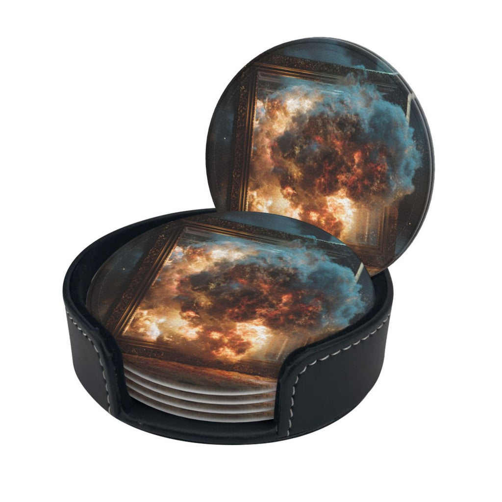 Round Leather Coaster Set of 6 with Artistic Explosion Scene Design - Includes Storage Base, Heat - Insulation and Anti - Slip Coasters (Diameter 3.9in/10cm)