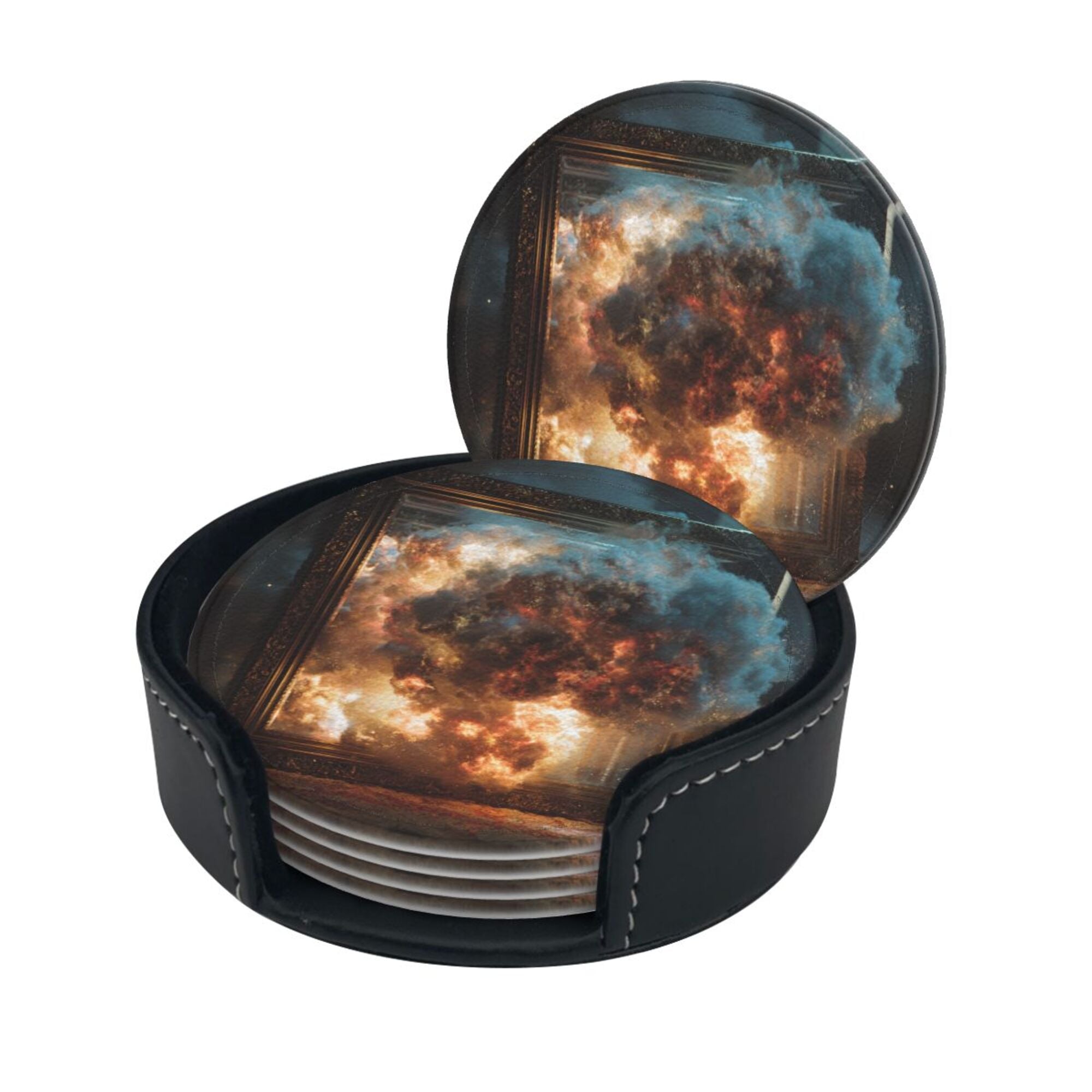 Round Leather Coaster Set of 6 with Artistic Explosion Scene Design - Includes Storage Base, Heat - Insulation and Anti - Slip Coasters (Diameter 3.9in/10cm)