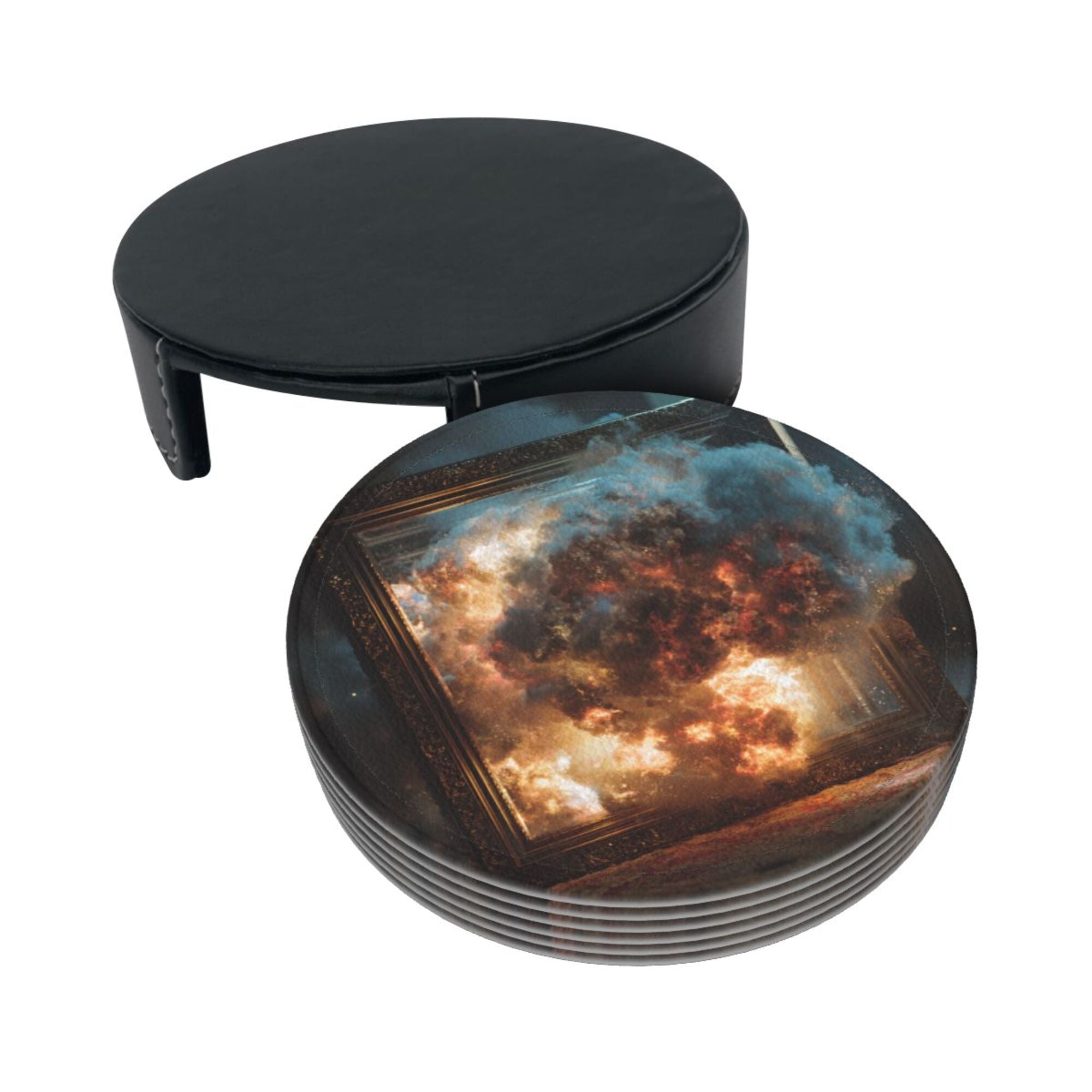 Round Leather Coaster Set of 6 with Artistic Explosion Scene Design - Includes Storage Base, Heat - Insulation and Anti - Slip Coasters (Diameter 3.9in/10cm)