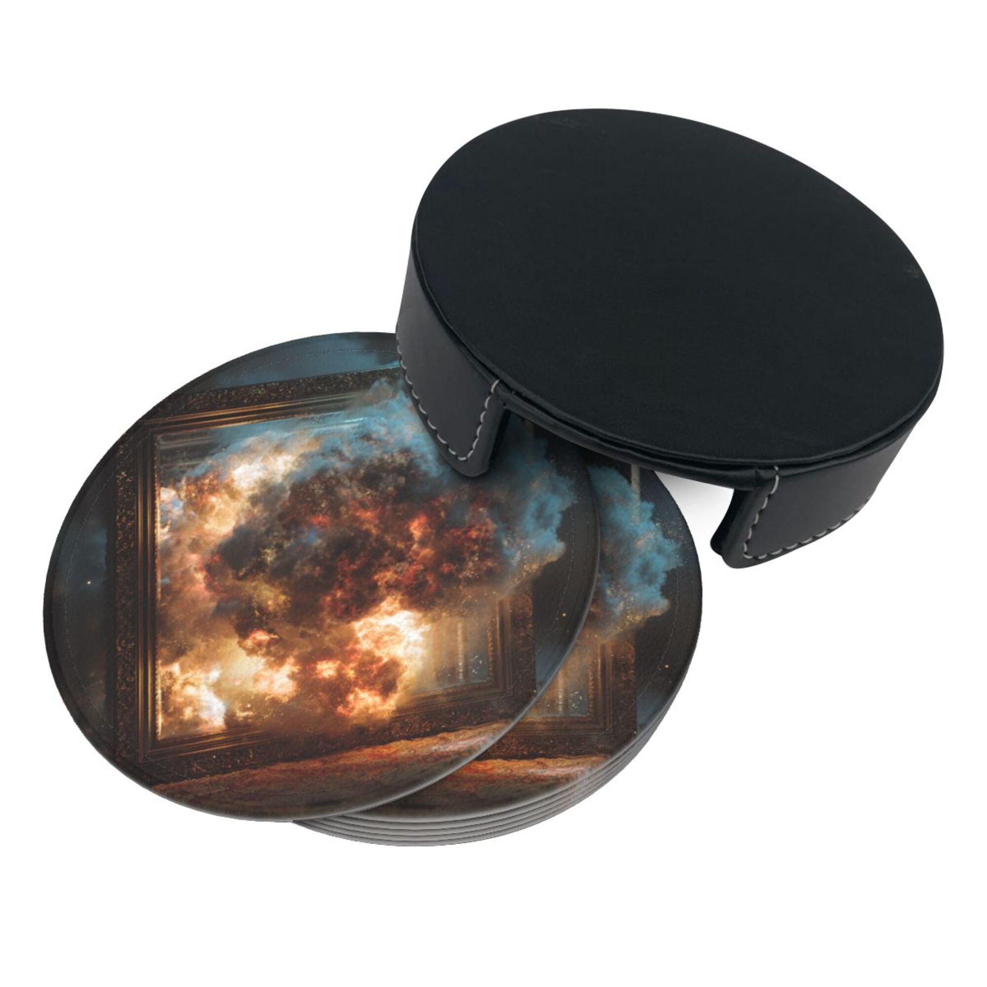Round Leather Coaster Set of 6 with Artistic Explosion Scene Design - Includes Storage Base, Heat - Insulation and Anti - Slip Coasters (Diameter 3.9in/10cm)