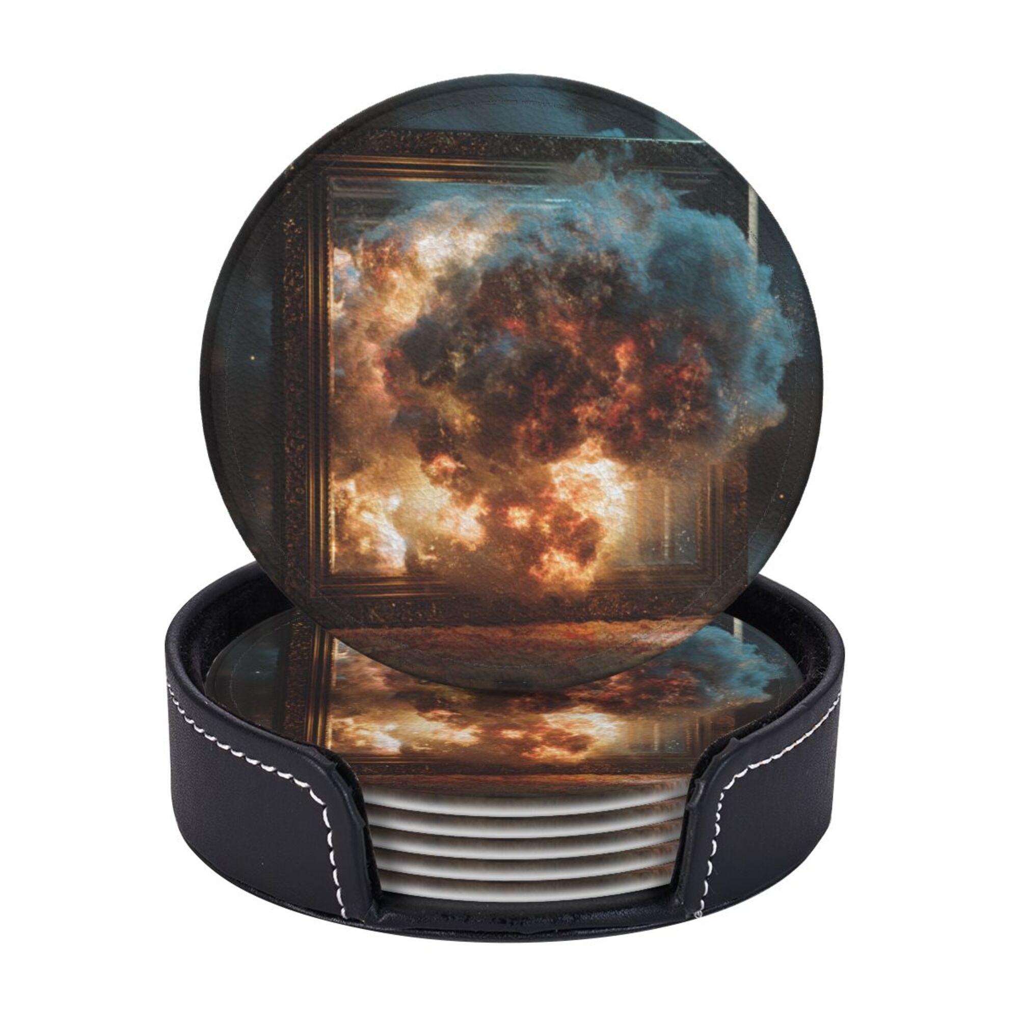 Round Leather Coaster Set of 6 with Artistic Explosion Scene Design - Includes Storage Base, Heat - Insulation and Anti - Slip Coasters (Diameter 3.9in/10cm)