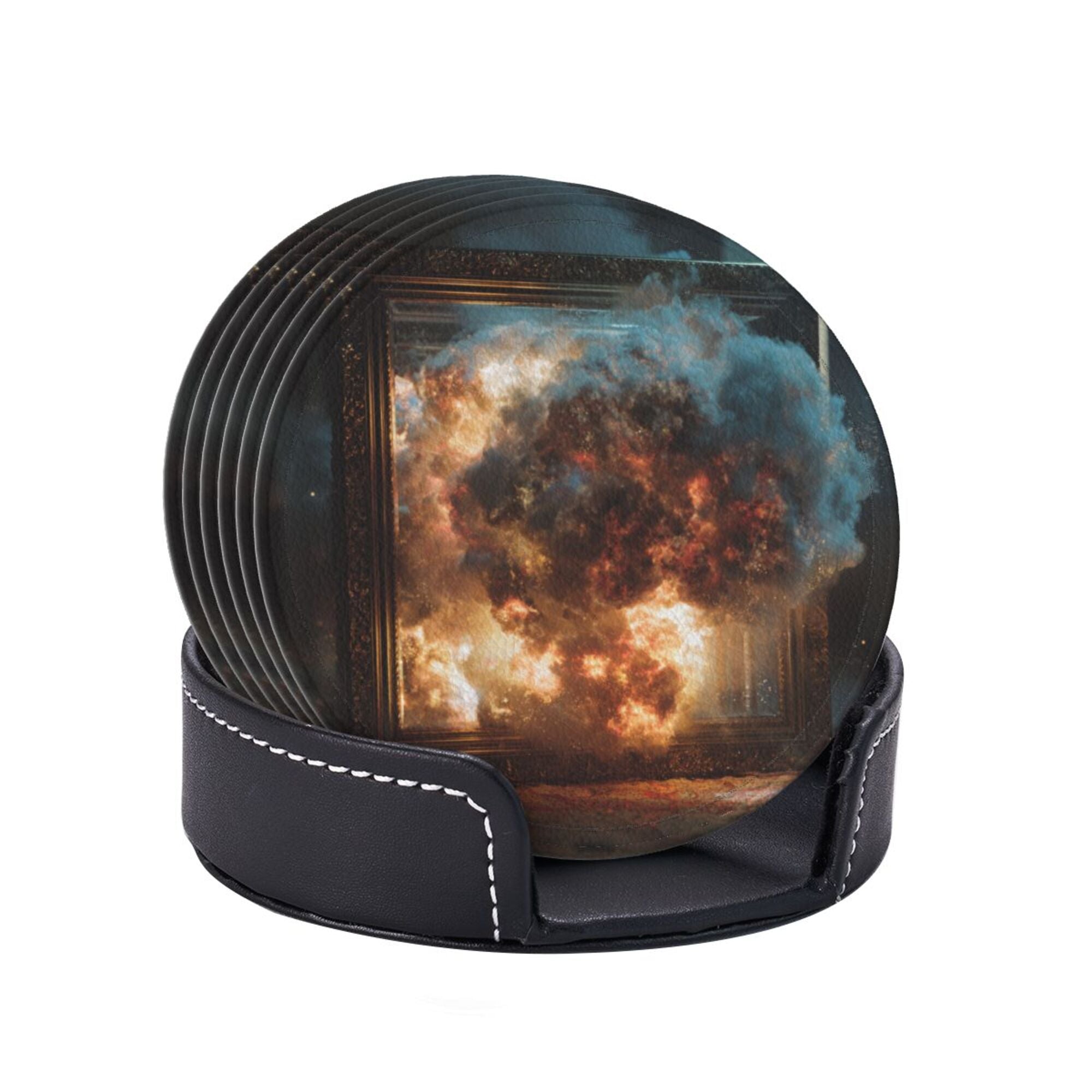 Round Leather Coaster Set of 6 with Artistic Explosion Scene Design - Includes Storage Base, Heat - Insulation and Anti - Slip Coasters (Diameter 3.9in/10cm)