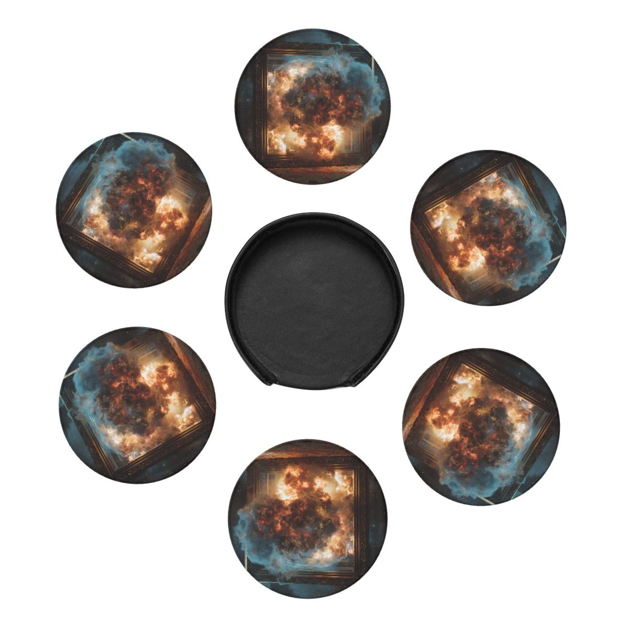 Round Leather Coaster Set of 6 with Artistic Explosion Scene Design - Includes Storage Base, Heat - Insulation and Anti - Slip Coasters (Diameter 3.9in/10cm)