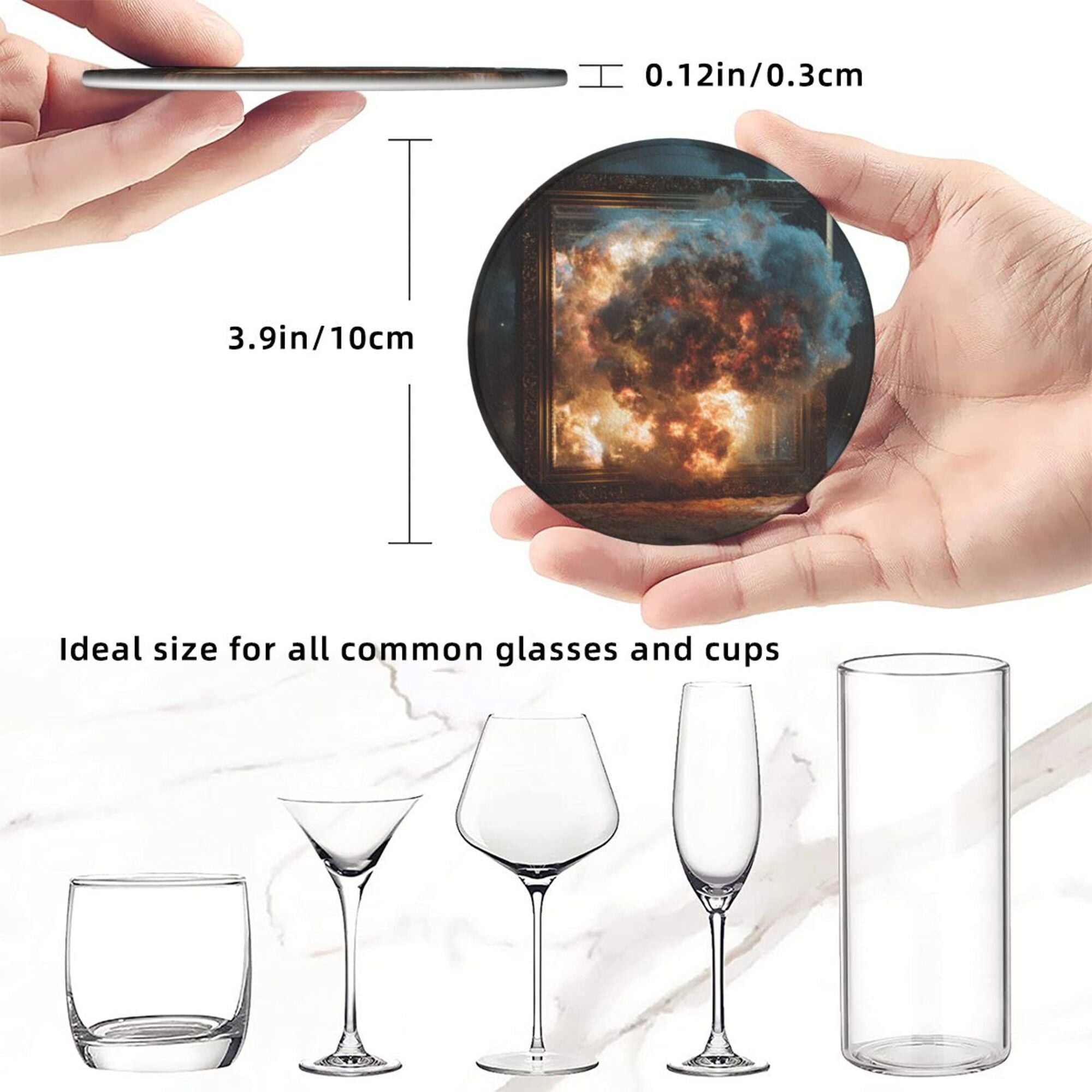 Round Leather Coaster Set of 6 with Artistic Explosion Scene Design - Includes Storage Base, Heat - Insulation and Anti - Slip Coasters (Diameter 3.9in/10cm)