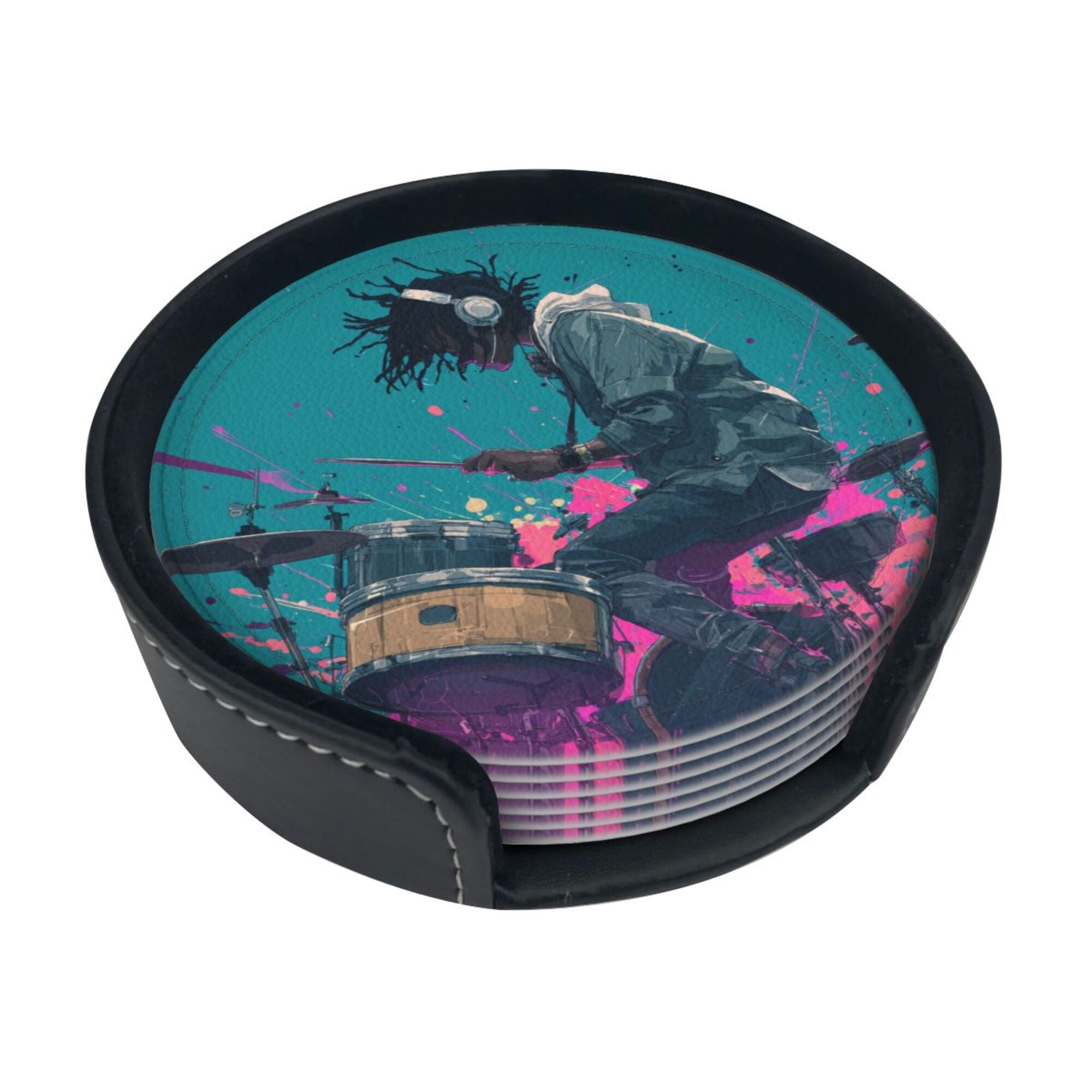 Round Leather Coaster Set of 6 with Trendy Drummer Design - Includes Storage Base, Heat - Insulation and Anti - Slip Coasters (Diameter 3.9in/10cm)