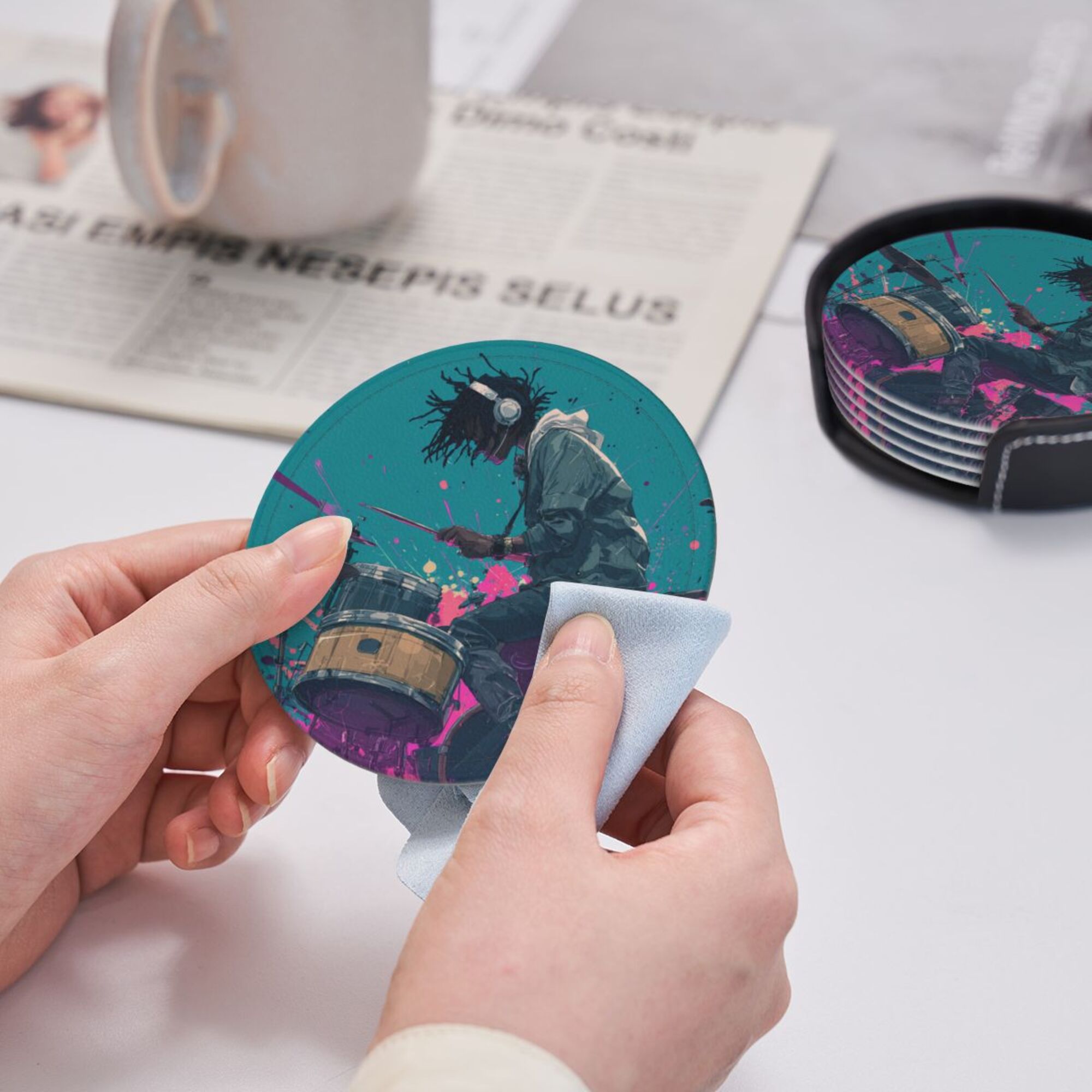 Round Leather Coaster Set of 6 with Trendy Drummer Design - Includes Storage Base, Heat - Insulation and Anti - Slip Coasters (Diameter 3.9in/10cm)