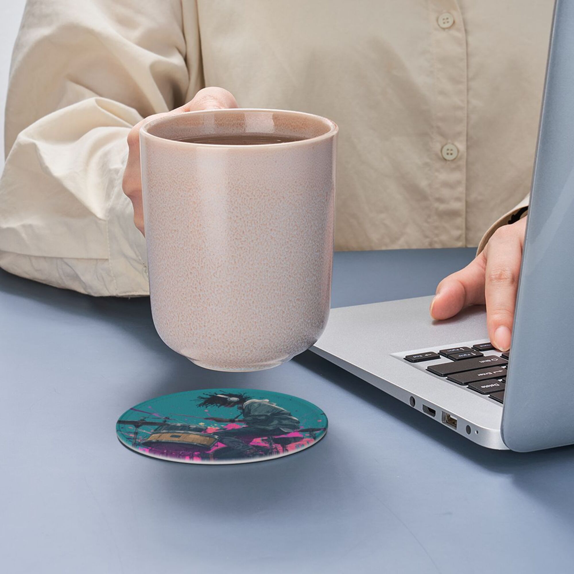 Round Leather Coaster Set of 6 with Trendy Drummer Design - Includes Storage Base, Heat - Insulation and Anti - Slip Coasters (Diameter 3.9in/10cm)