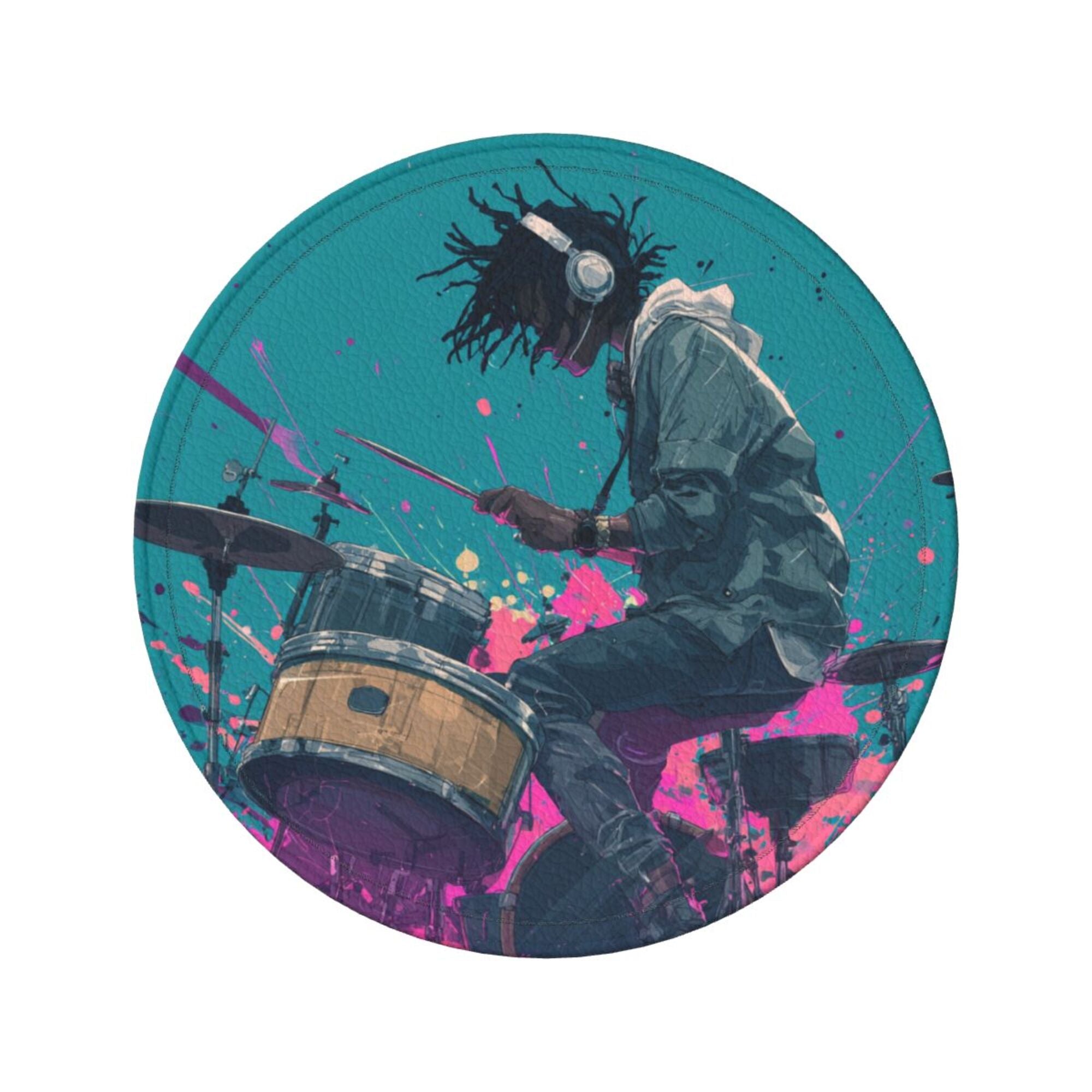 Round Leather Coaster Set of 6 with Trendy Drummer Design - Includes Storage Base, Heat - Insulation and Anti - Slip Coasters (Diameter 3.9in/10cm)