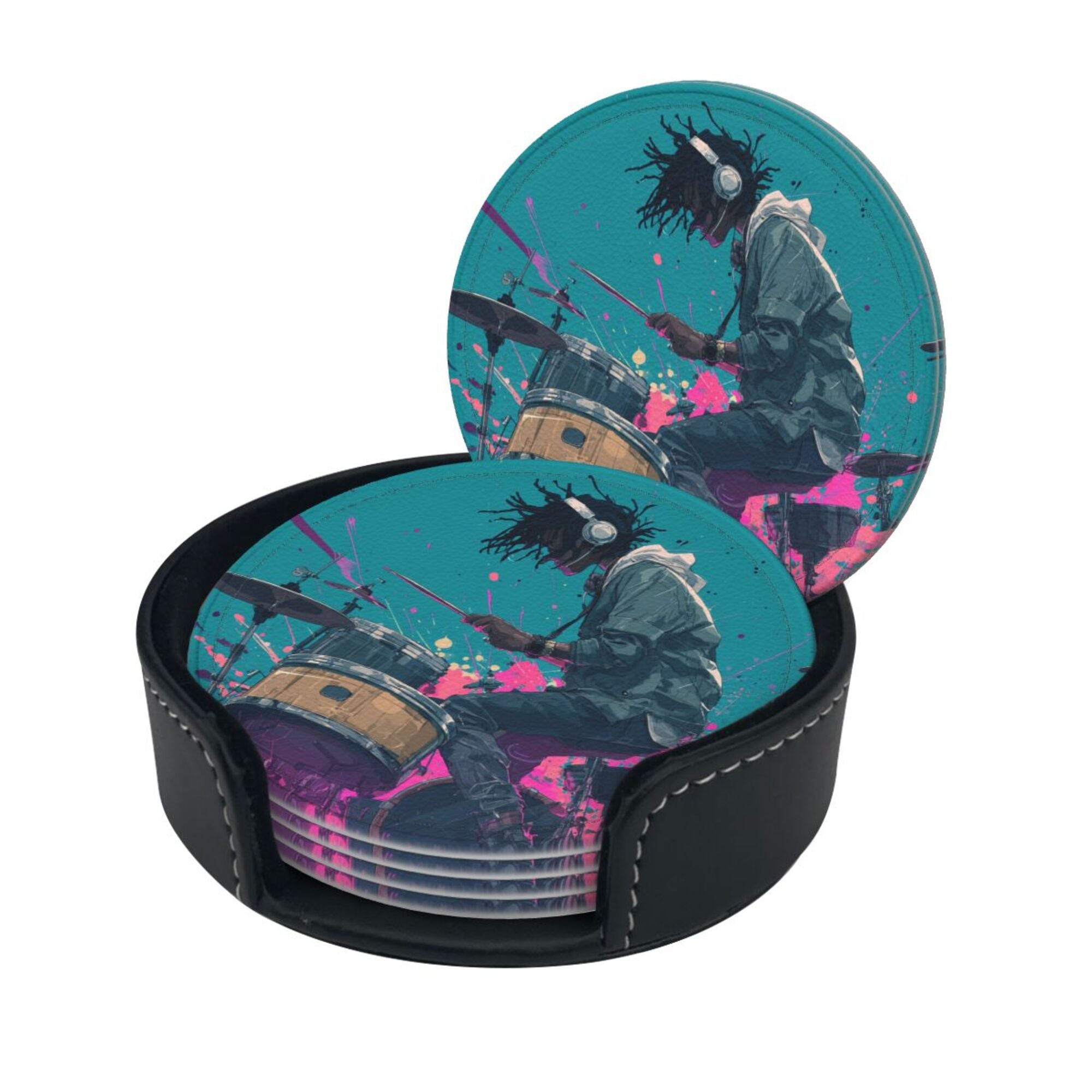 Round Leather Coaster Set of 6 with Trendy Drummer Design - Includes Storage Base, Heat - Insulation and Anti - Slip Coasters (Diameter 3.9in/10cm)