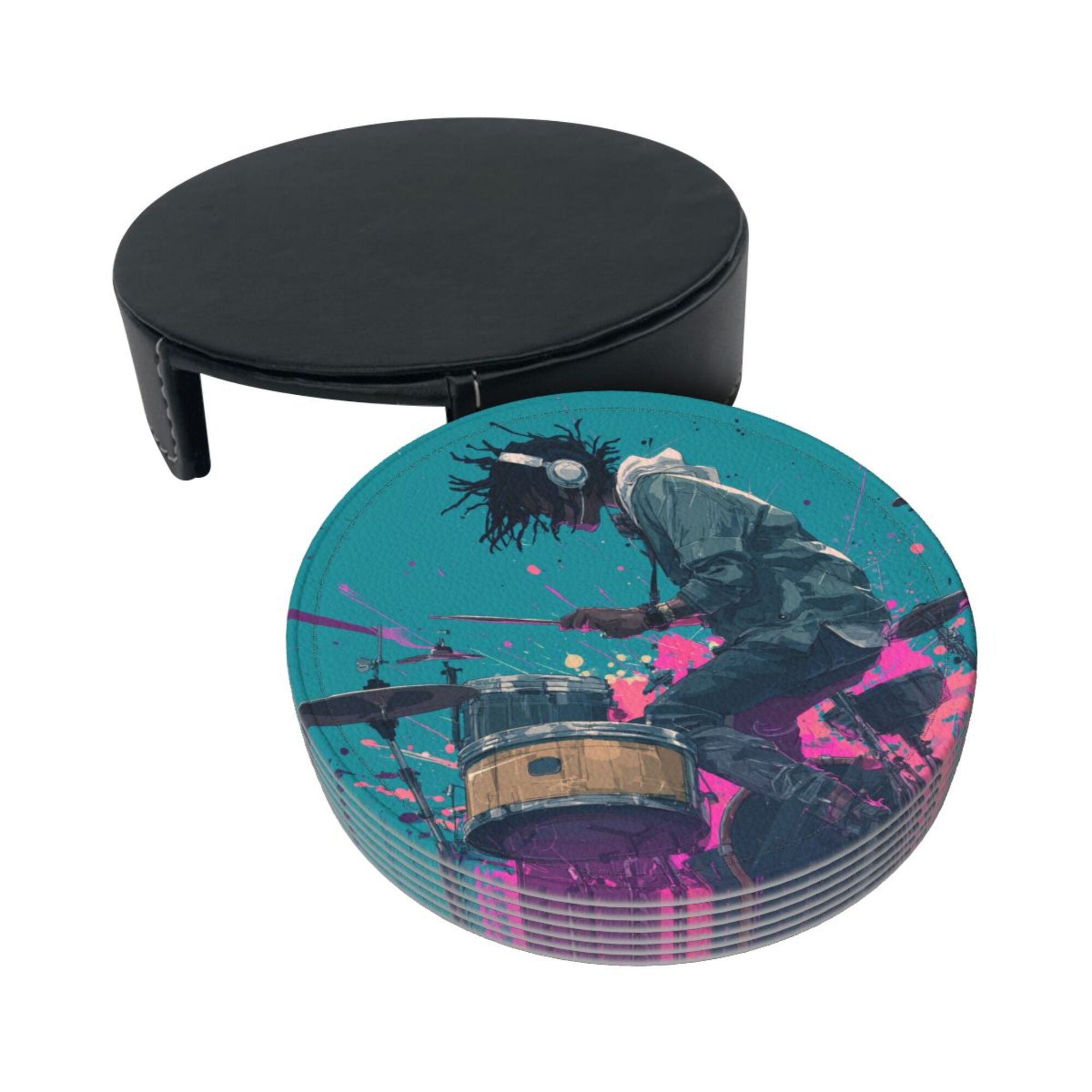 Round Leather Coaster Set of 6 with Trendy Drummer Design - Includes Storage Base, Heat - Insulation and Anti - Slip Coasters (Diameter 3.9in/10cm)
