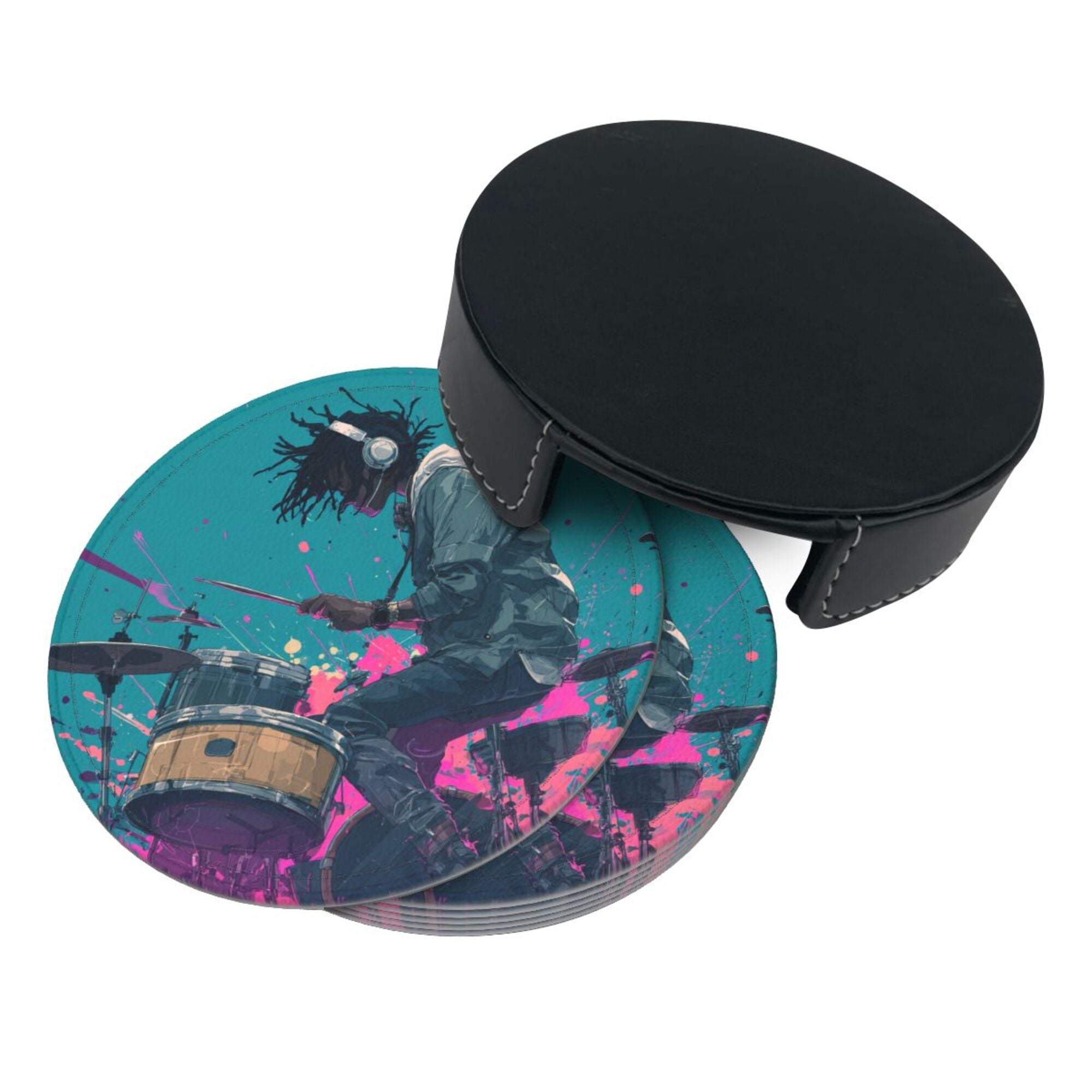 Round Leather Coaster Set of 6 with Trendy Drummer Design - Includes Storage Base, Heat - Insulation and Anti - Slip Coasters (Diameter 3.9in/10cm)