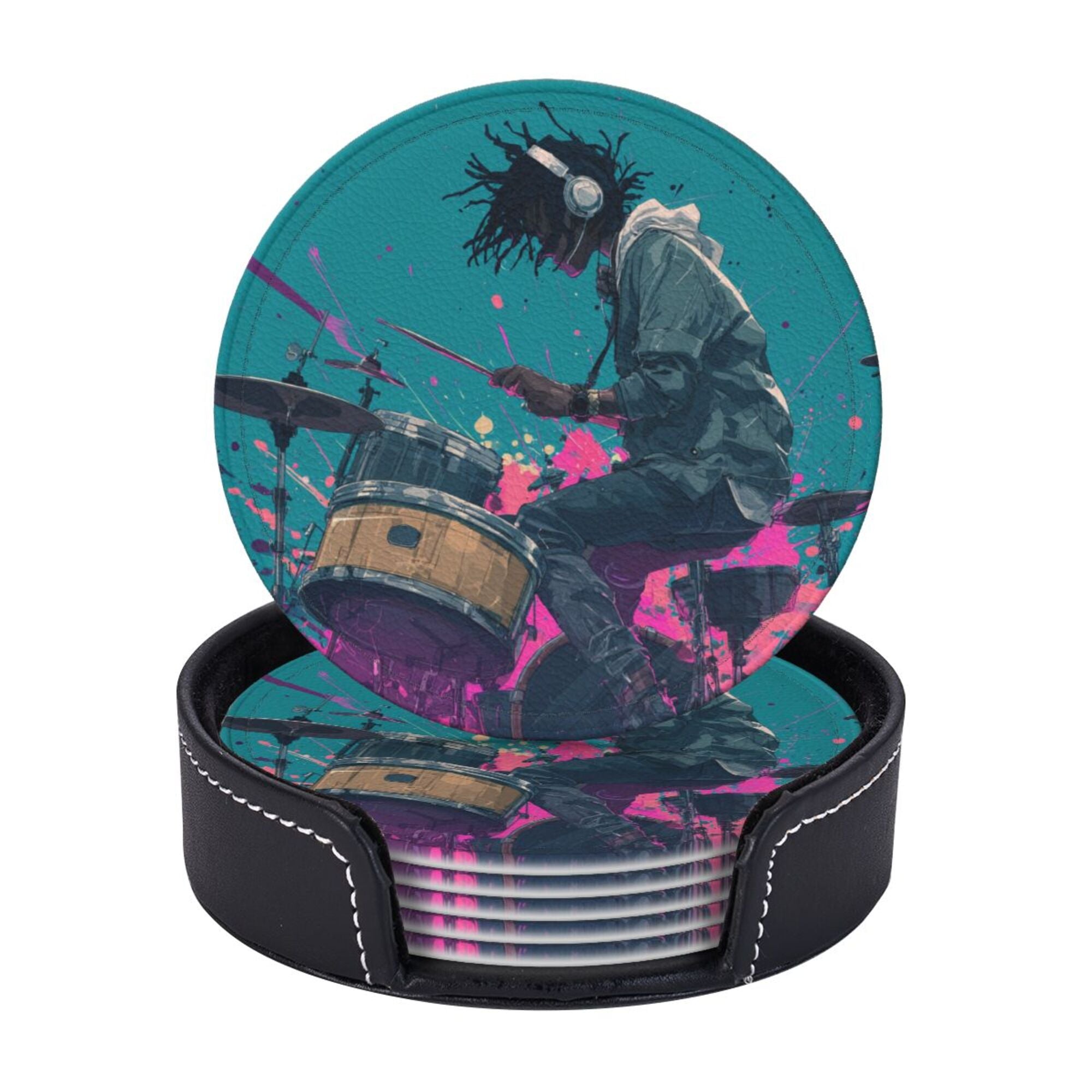 Round Leather Coaster Set of 6 with Trendy Drummer Design - Includes Storage Base, Heat - Insulation and Anti - Slip Coasters (Diameter 3.9in/10cm)