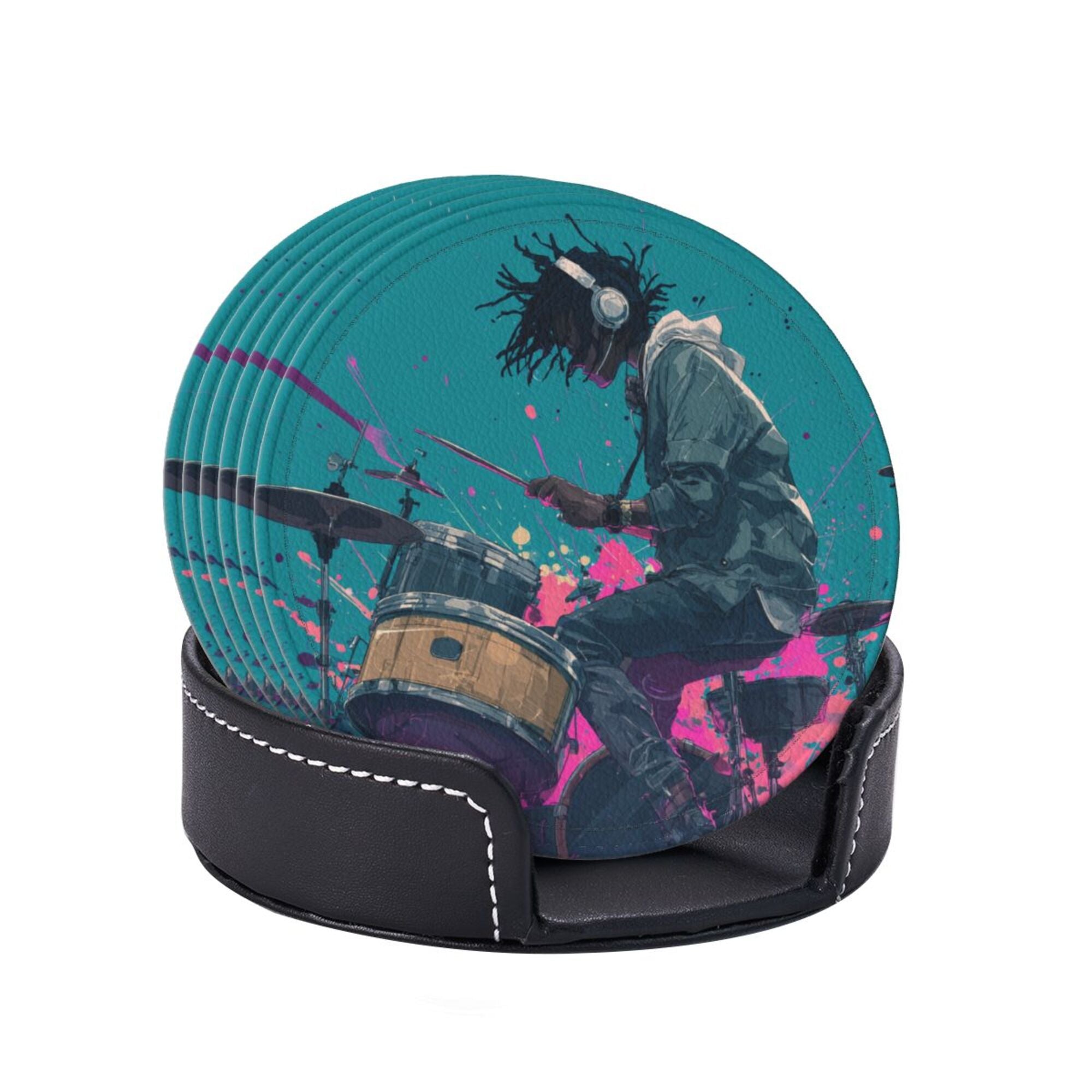 Round Leather Coaster Set of 6 with Trendy Drummer Design - Includes Storage Base, Heat - Insulation and Anti - Slip Coasters (Diameter 3.9in/10cm)