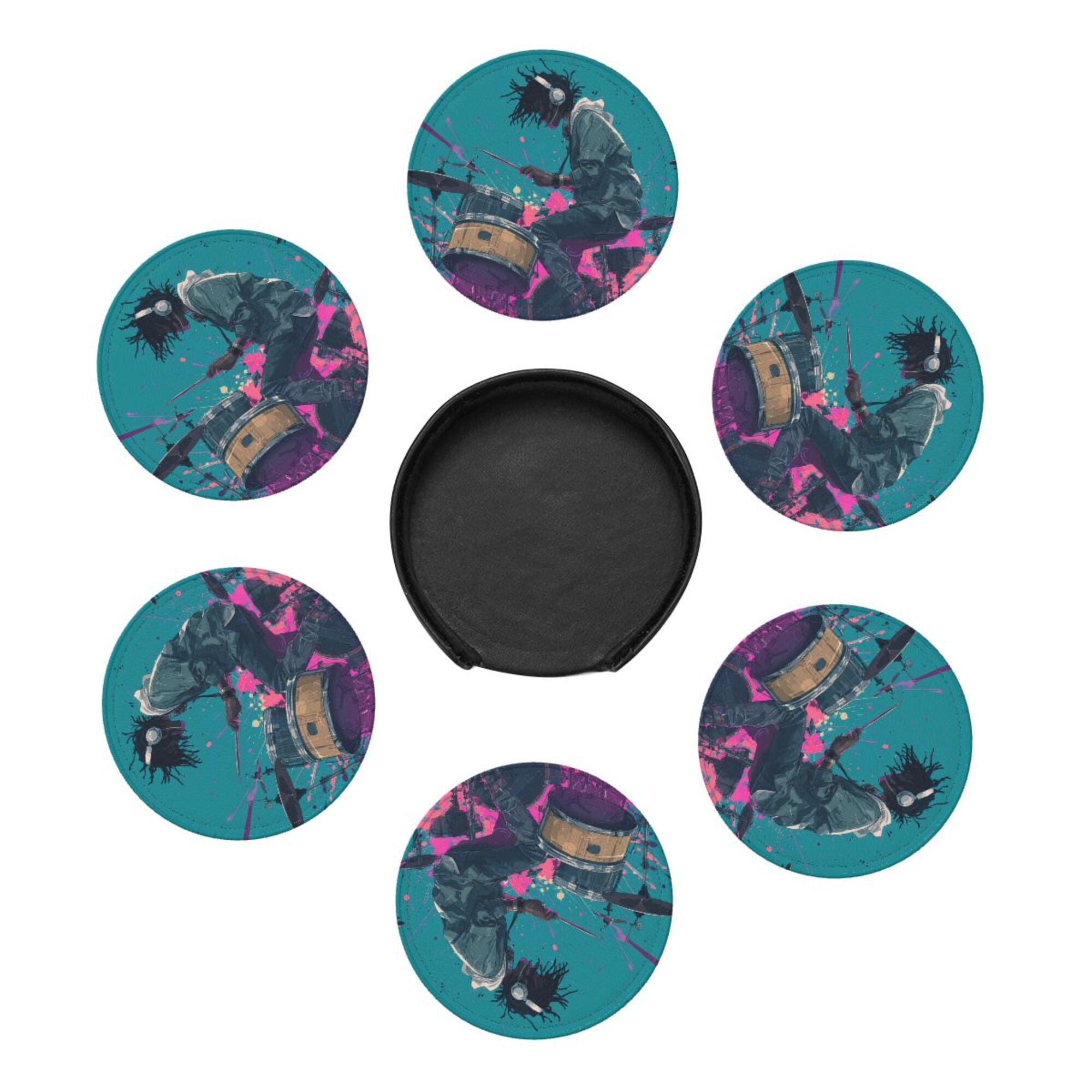 Round Leather Coaster Set of 6 with Trendy Drummer Design - Includes Storage Base, Heat - Insulation and Anti - Slip Coasters (Diameter 3.9in/10cm)