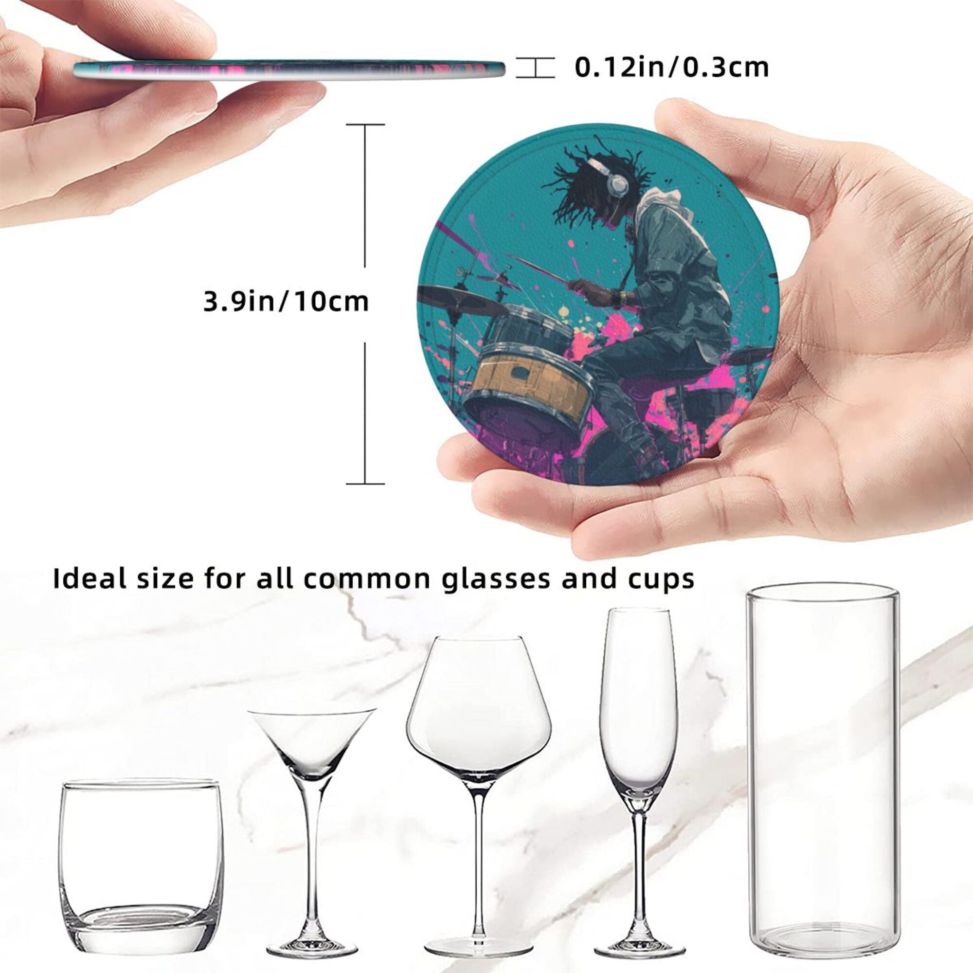 Round Leather Coaster Set of 6 with Trendy Drummer Design - Includes Storage Base, Heat - Insulation and Anti - Slip Coasters (Diameter 3.9in/10cm)