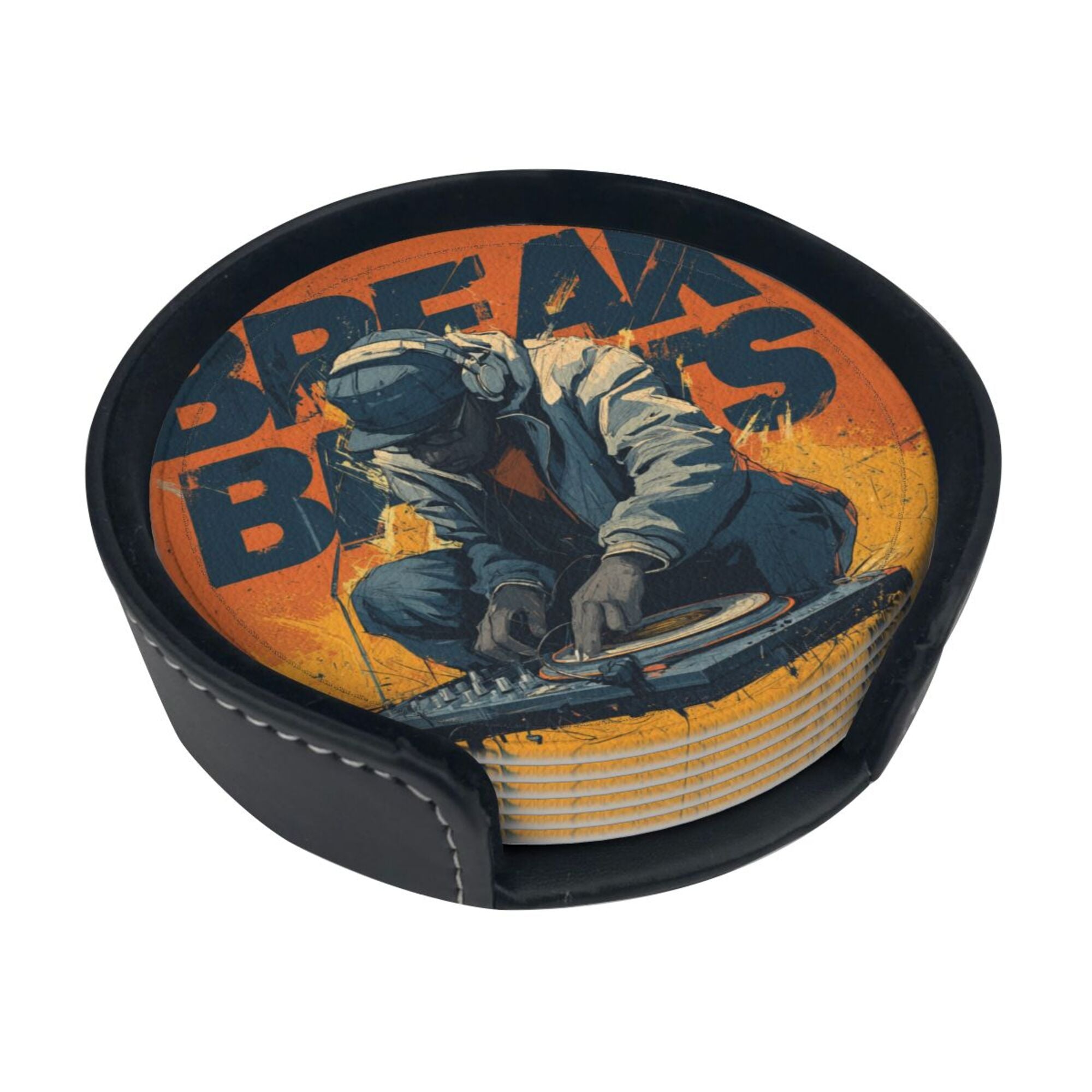 Round Leather Coaster Set of 6 with Trendy DJ Design - Comes with Storage Base, Heat - Insulation and Anti - Slip (Diameter 3.9in/10cm)