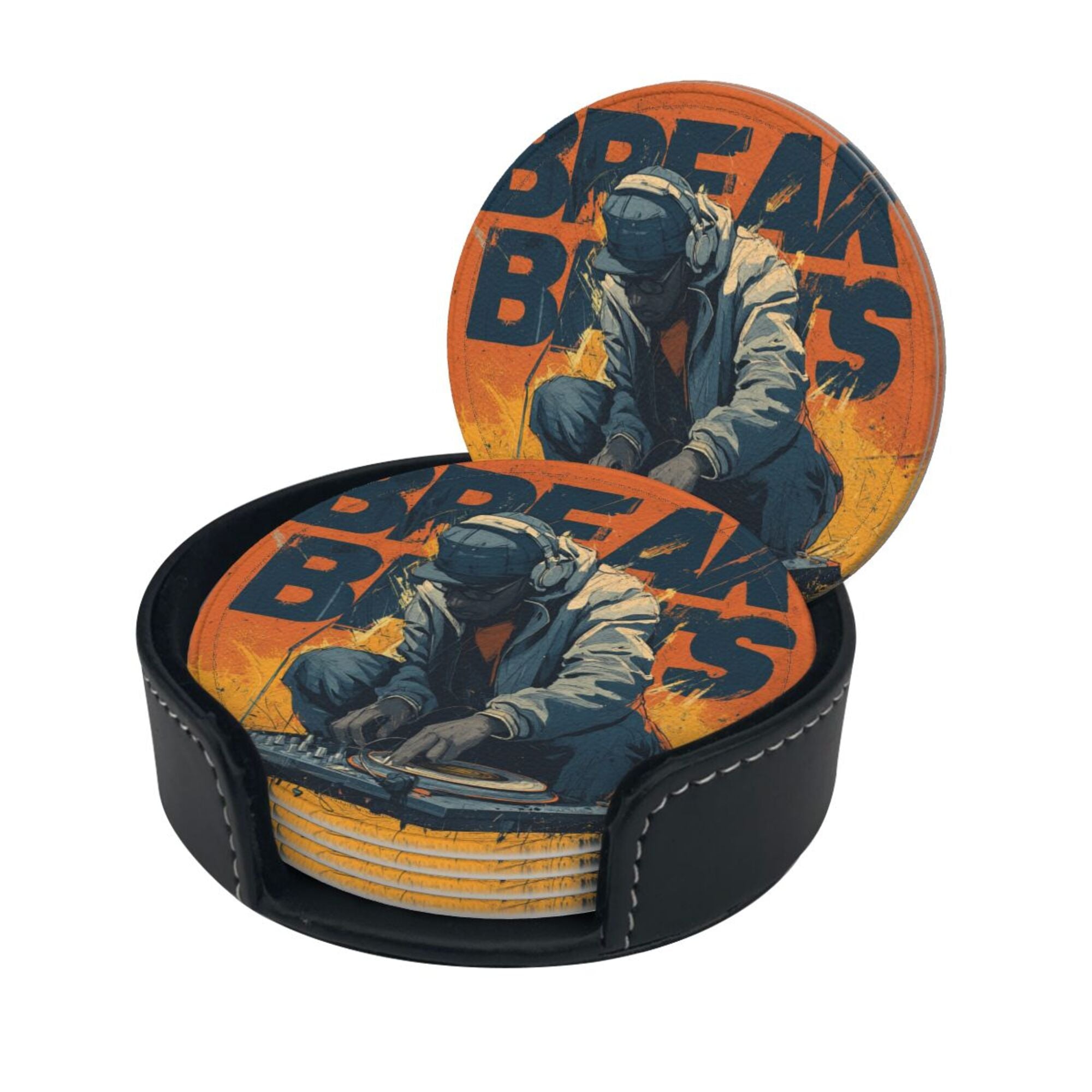Round Leather Coaster Set of 6 with Trendy DJ Design - Comes with Storage Base, Heat - Insulation and Anti - Slip (Diameter 3.9in/10cm)