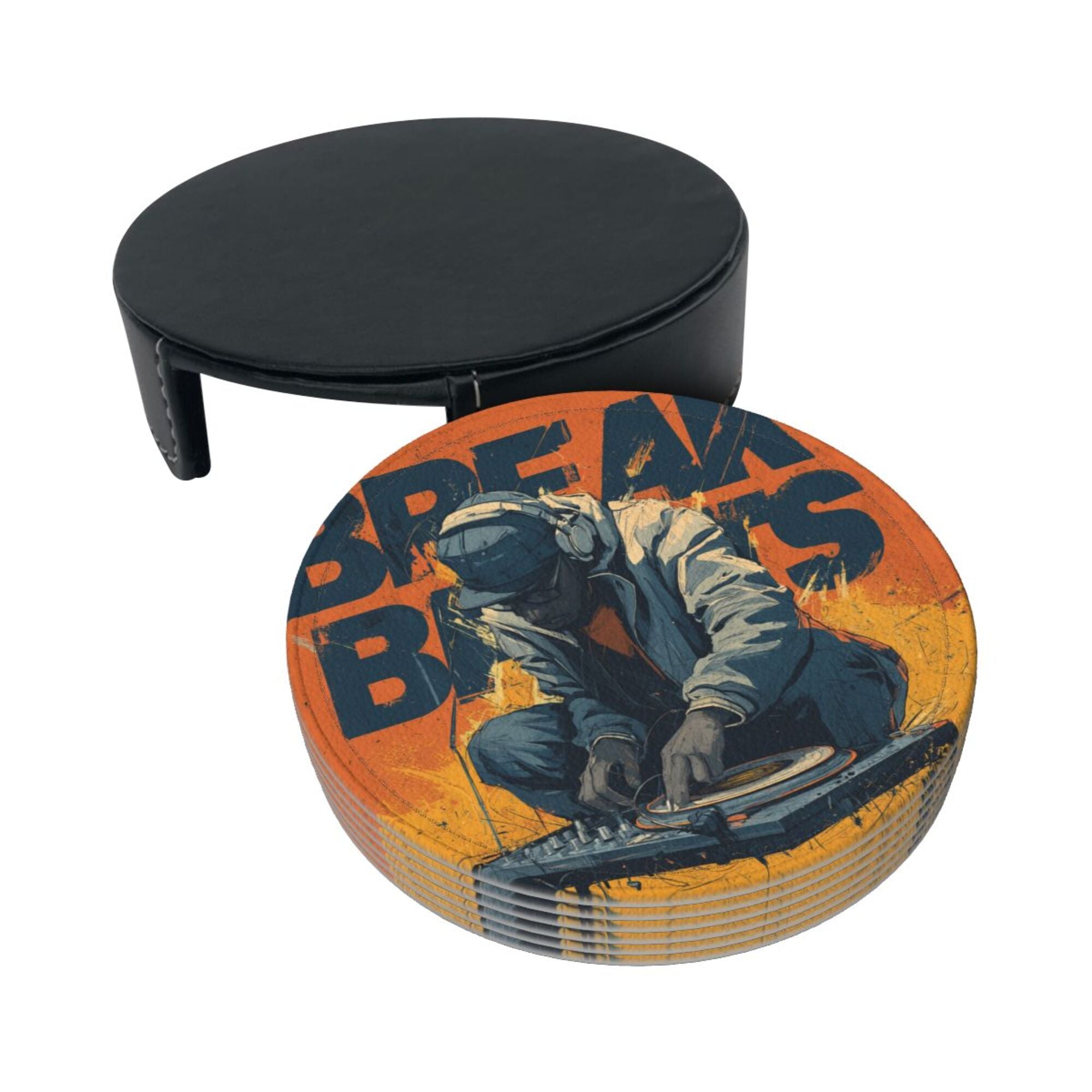 Round Leather Coaster Set of 6 with Trendy DJ Design - Comes with Storage Base, Heat - Insulation and Anti - Slip (Diameter 3.9in/10cm)