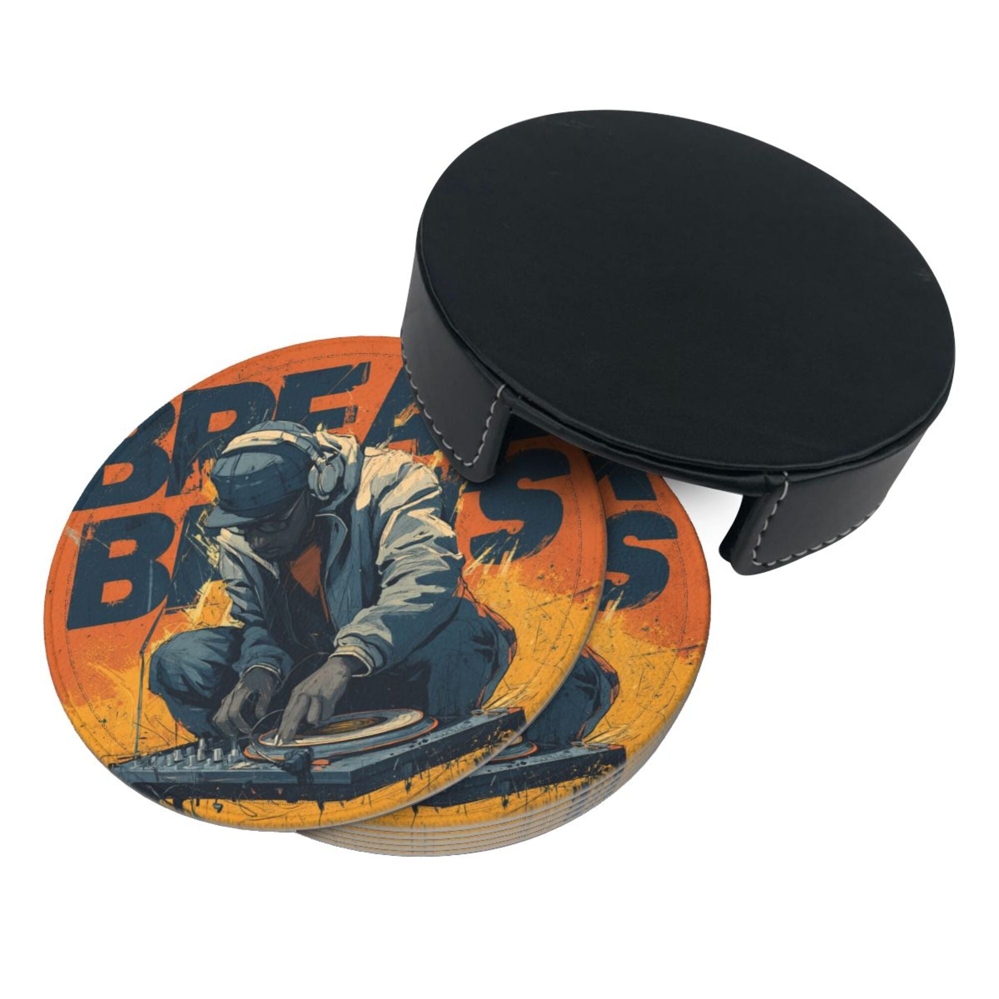 Round Leather Coaster Set of 6 with Trendy DJ Design - Comes with Storage Base, Heat - Insulation and Anti - Slip (Diameter 3.9in/10cm)