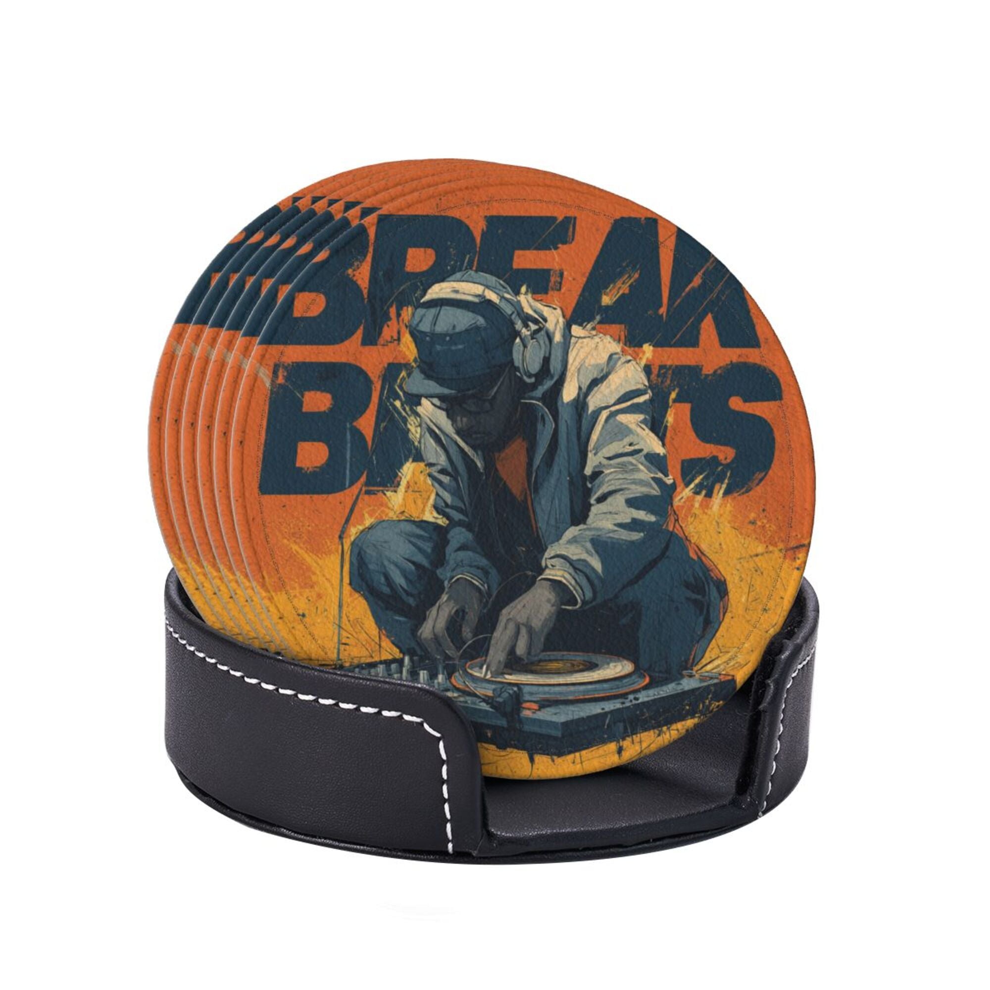 Round Leather Coaster Set of 6 with Trendy DJ Design - Comes with Storage Base, Heat - Insulation and Anti - Slip (Diameter 3.9in/10cm)