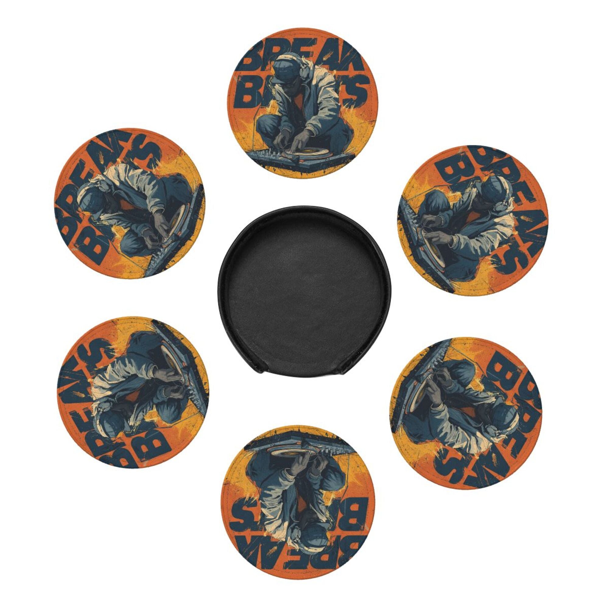 Round Leather Coaster Set of 6 with Trendy DJ Design - Comes with Storage Base, Heat - Insulation and Anti - Slip (Diameter 3.9in/10cm)