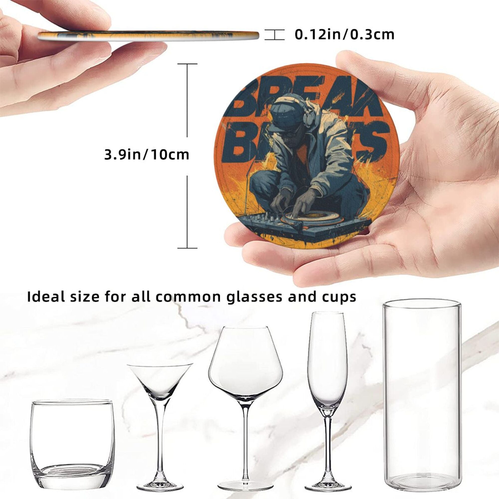 Round Leather Coaster Set of 6 with Trendy DJ Design - Comes with Storage Base, Heat - Insulation and Anti - Slip (Diameter 3.9in/10cm)