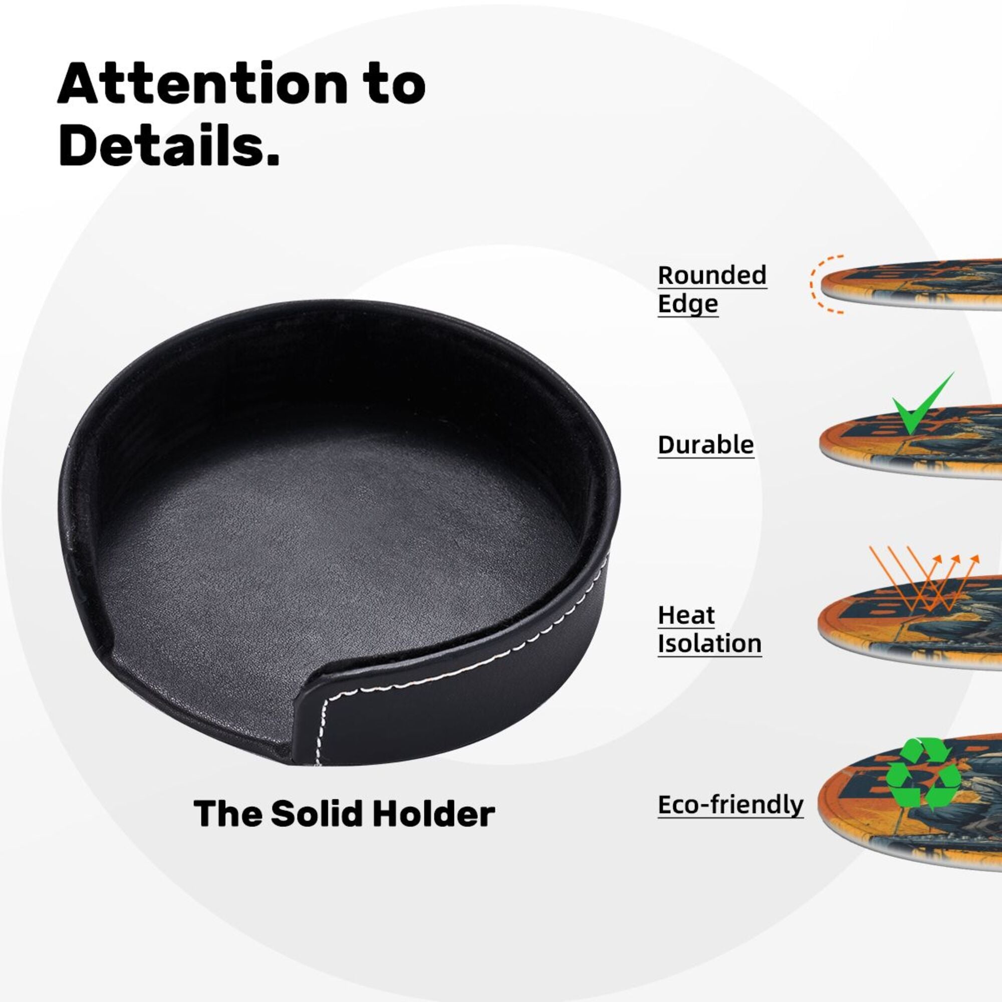 Round Leather Coaster Set of 6 with Trendy DJ Design - Comes with Storage Base, Heat - Insulation and Anti - Slip (Diameter 3.9in/10cm)