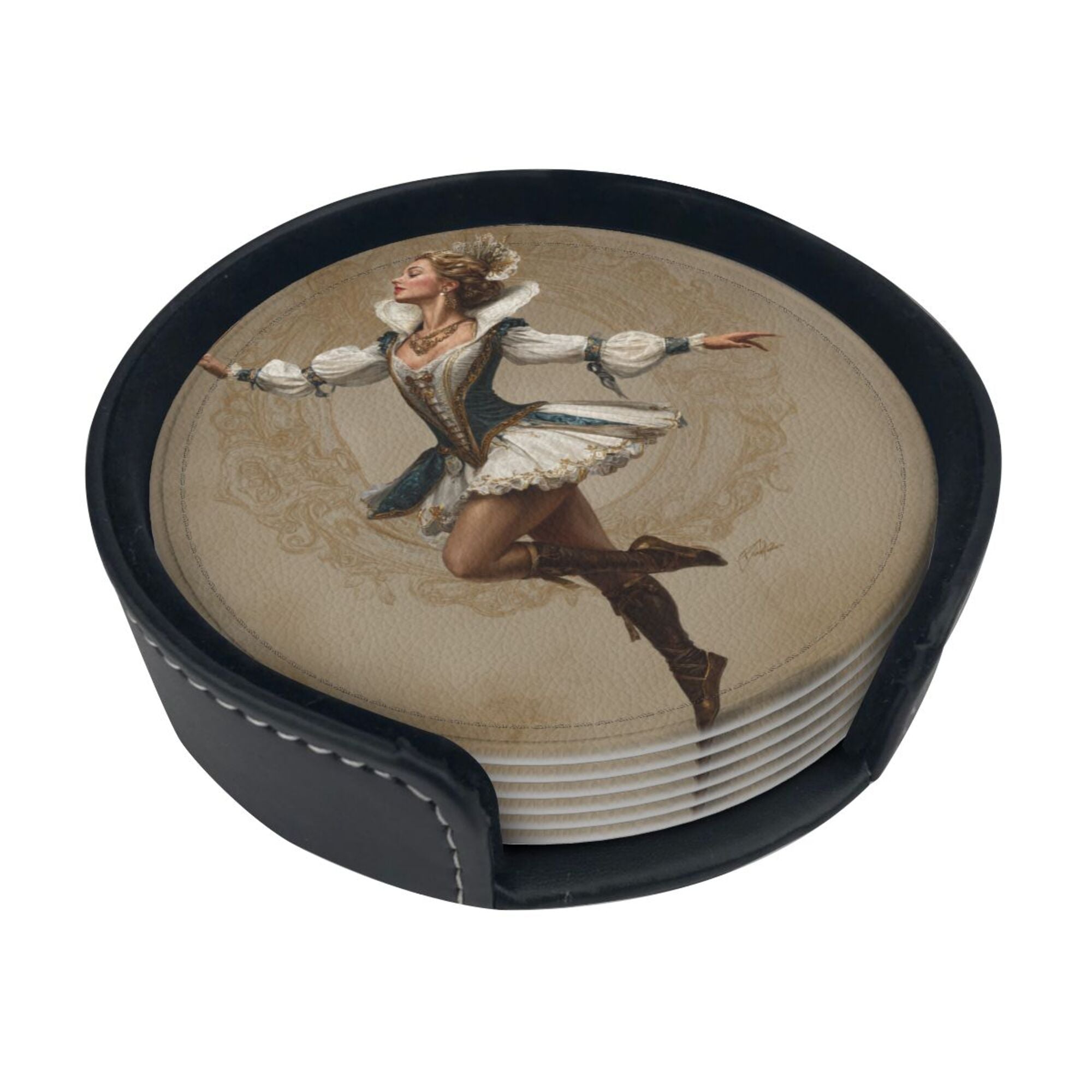 Round Leather Coaster Set of 6 with Vintage Court Dancer Design - Includes Storage Base, Heat - Insulation and Anti - Slip (Diameter 3.9in/10cm)