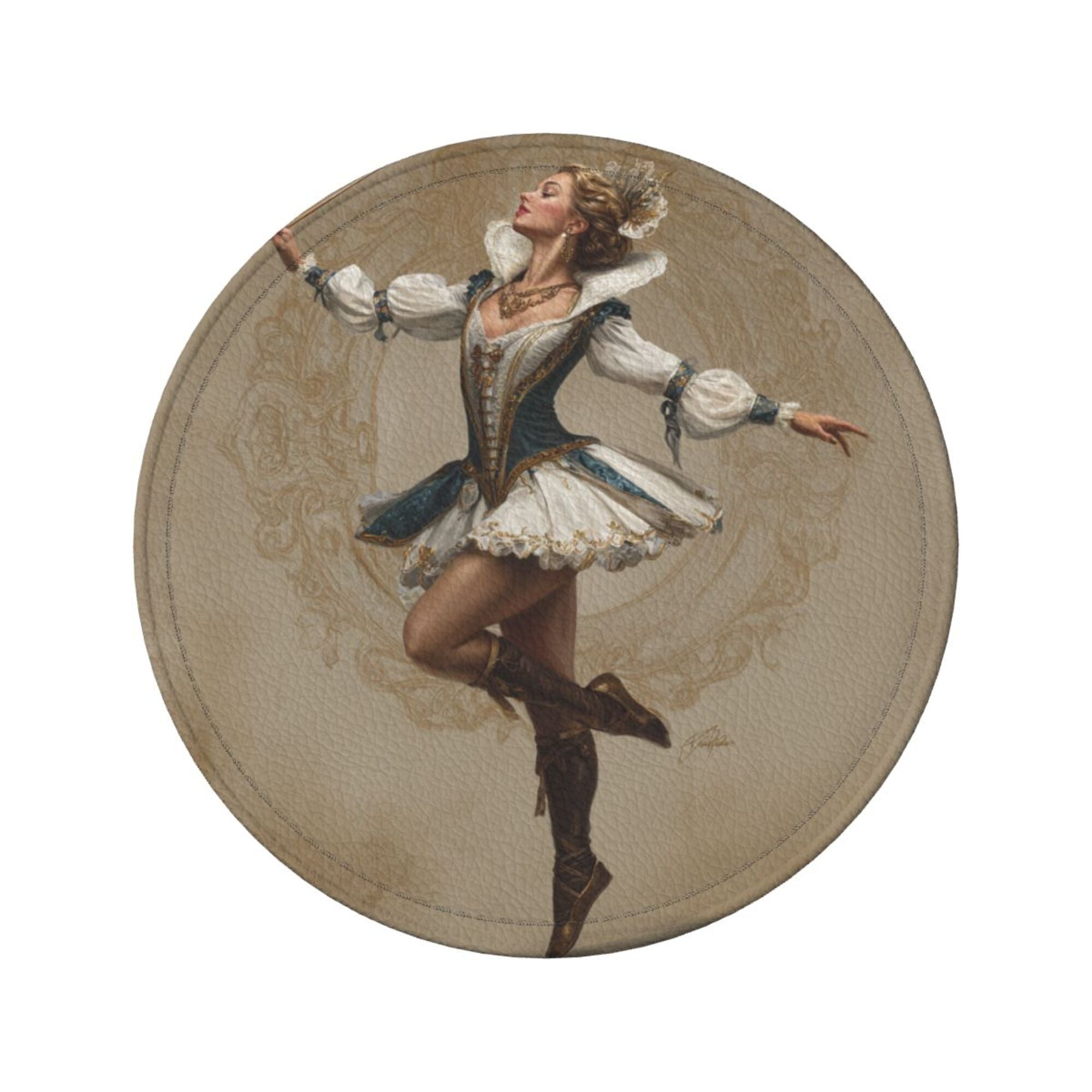 Round Leather Coaster Set of 6 with Vintage Court Dancer Design - Includes Storage Base, Heat - Insulation and Anti - Slip (Diameter 3.9in/10cm)